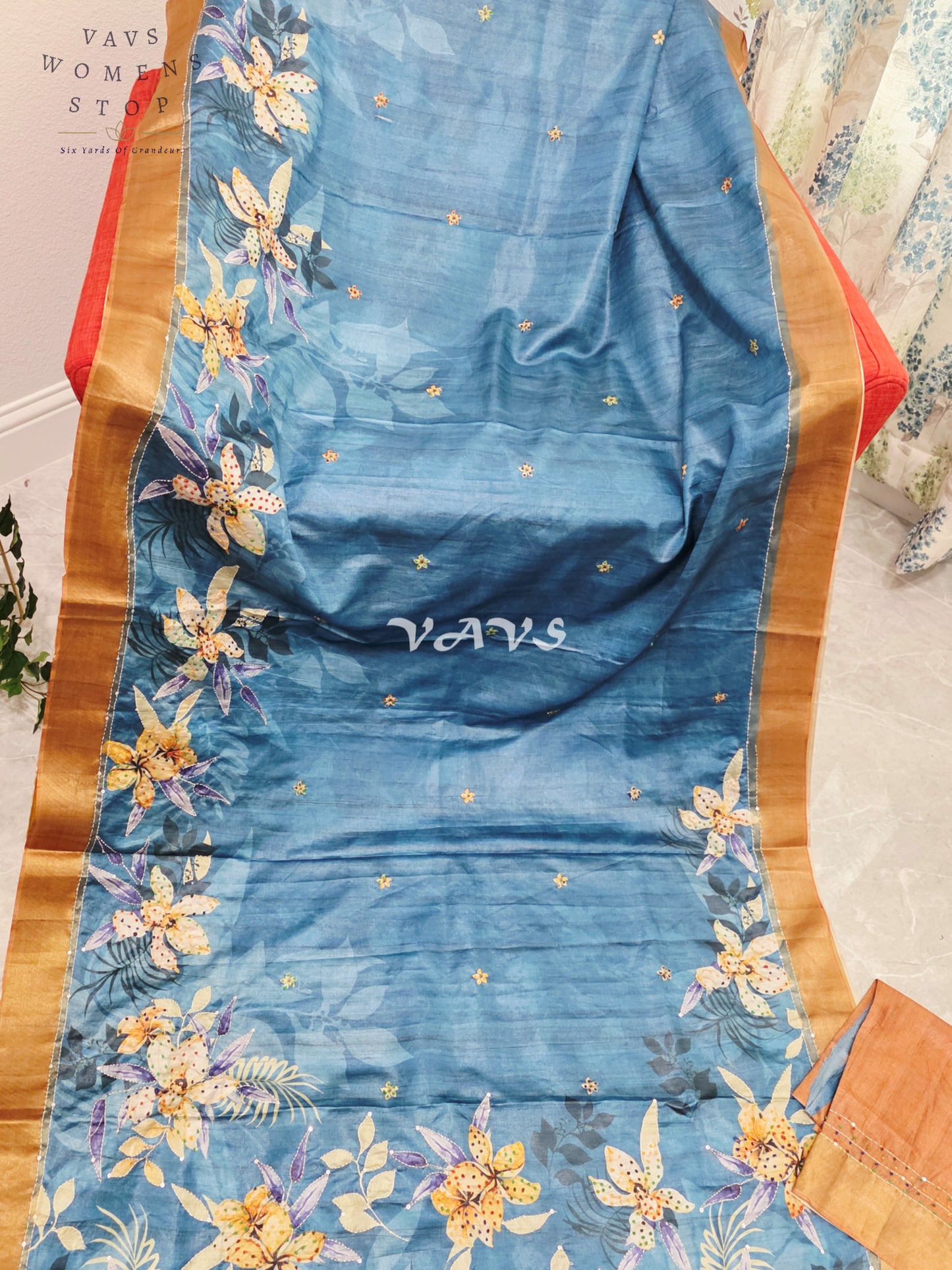 Royal Steel Blue Semi Tussar Knot Embroidery Designer Saree with Floral Print & Unstitched Blouse Piece