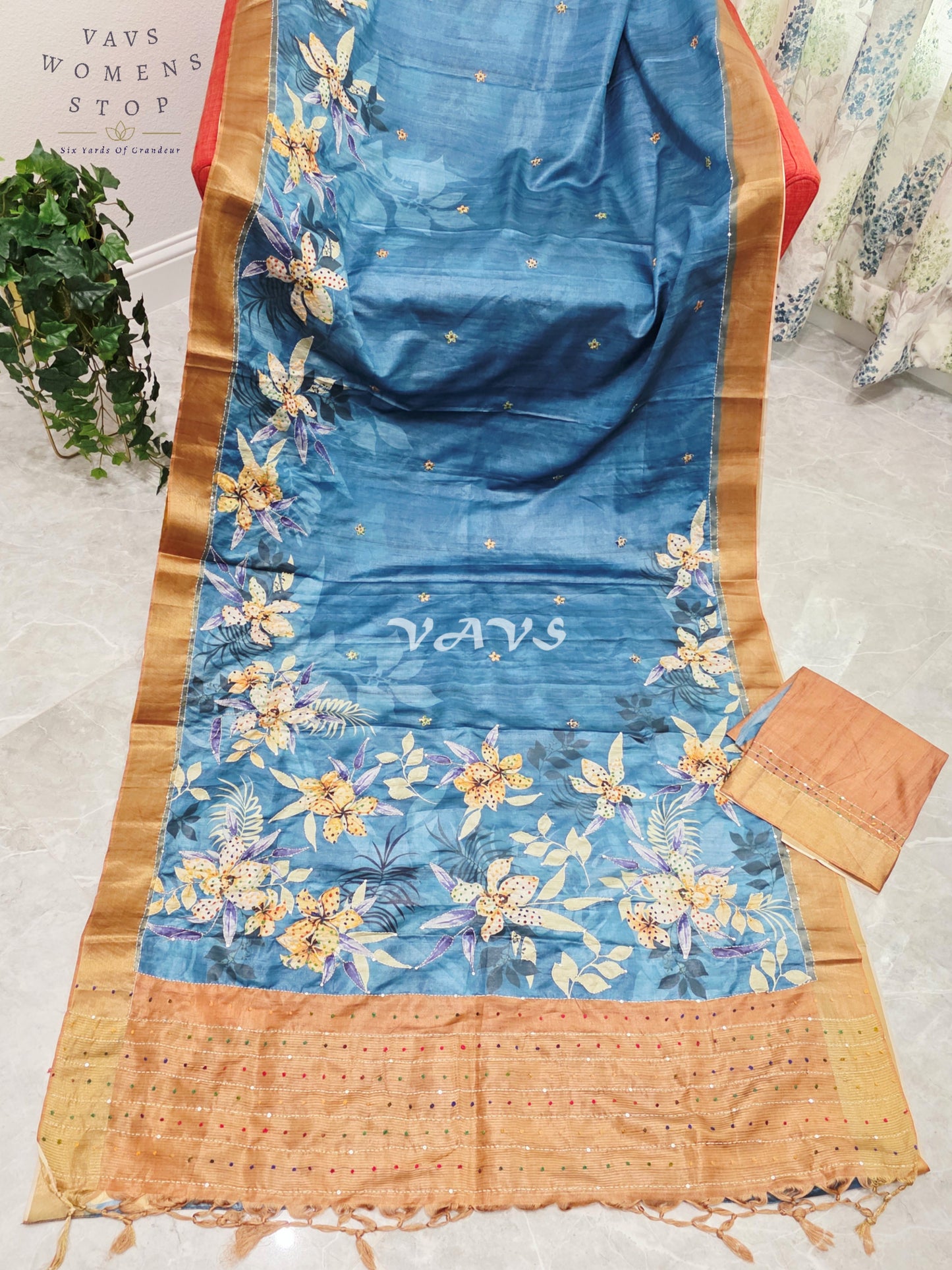 Royal Steel Blue Semi Tussar Knot Embroidery Designer Saree with Floral Print & Unstitched Blouse Piece