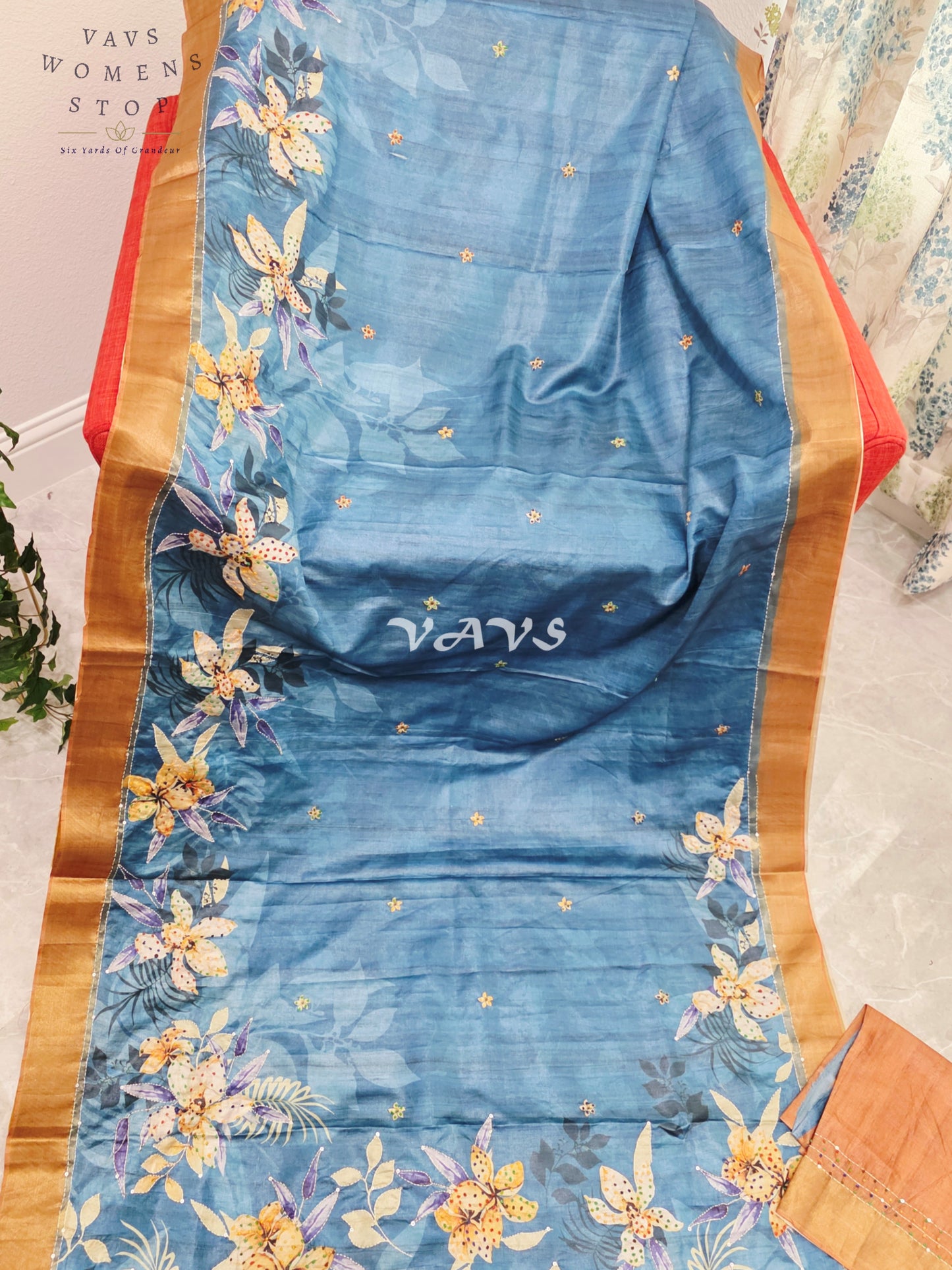 Royal Steel Blue Semi Tussar Knot Embroidery Designer Saree with Floral Print & Unstitched Blouse Piece