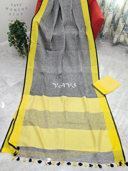 Royal Smoky Ash Grey & Sunlit Lemon Yellow Elegant Linen Saree with Unstitched Blouse Piece