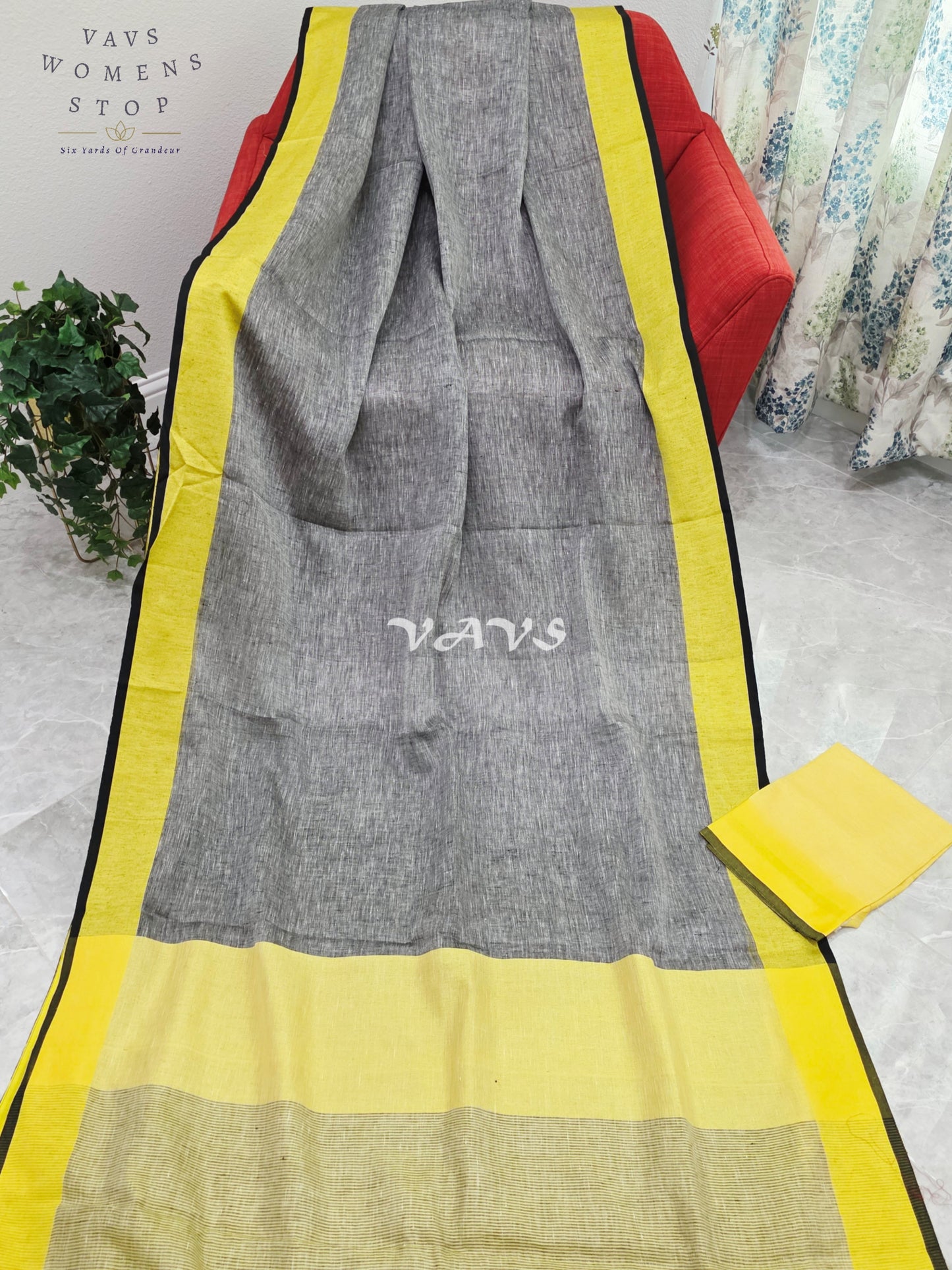 Royal Smoky Ash Grey & Sunlit Lemon Yellow Elegant Linen Saree with Unstitched Blouse Piece