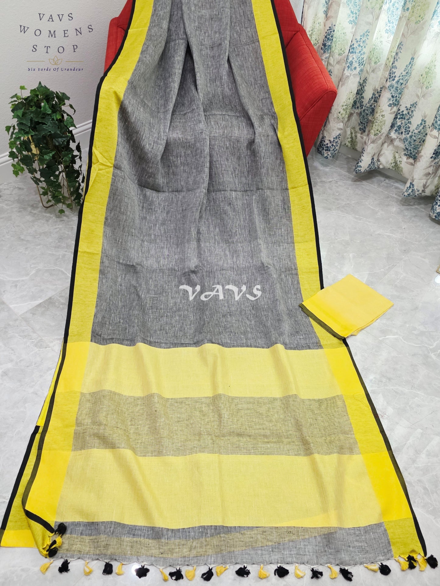 Royal Smoky Ash Grey & Sunlit Lemon Yellow Elegant Linen Saree with Unstitched Blouse Piece