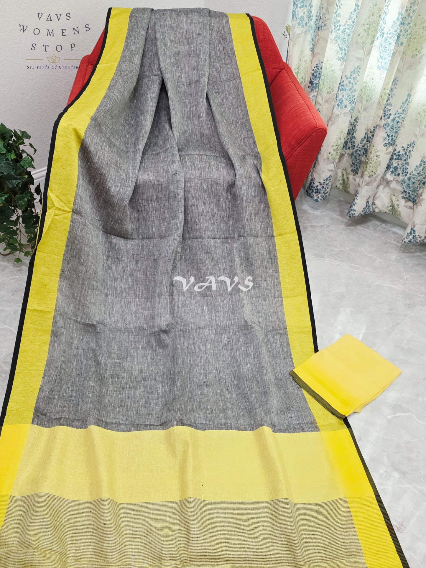 Royal Smoky Ash Grey & Sunlit Lemon Yellow Elegant Linen Saree with Unstitched Blouse Piece