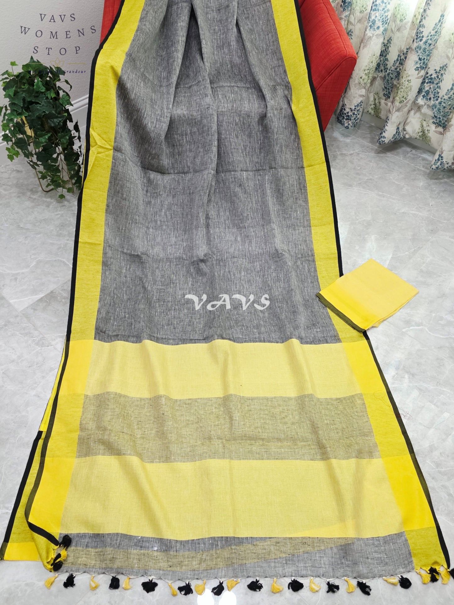 Royal Smoky Ash Grey & Sunlit Lemon Yellow Elegant Linen Saree with Unstitched Blouse Piece