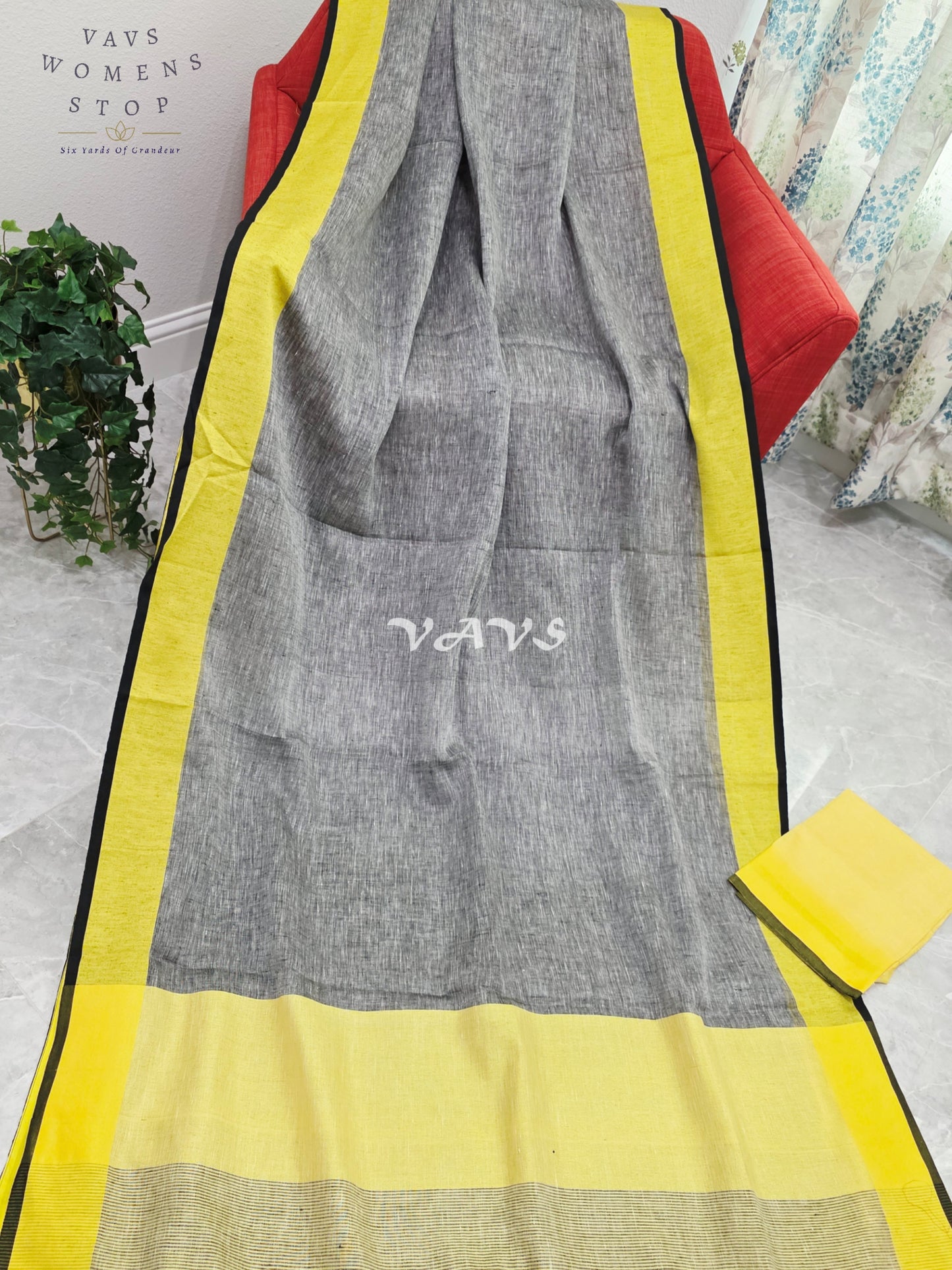 Royal Smoky Ash Grey & Sunlit Lemon Yellow Elegant Linen Saree with Unstitched Blouse Piece