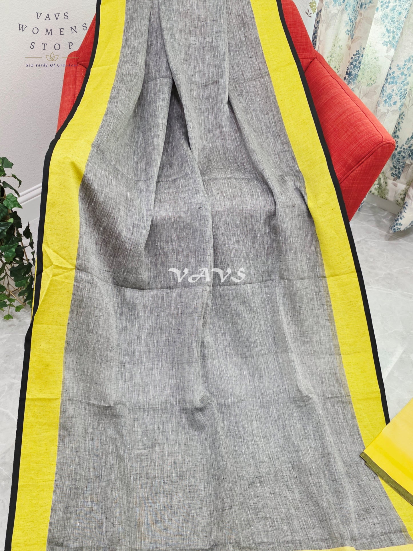 Royal Smoky Ash Grey & Sunlit Lemon Yellow Elegant Linen Saree with Unstitched Blouse Piece
