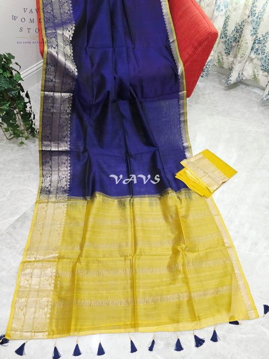 Royal Midnight Sapphire Blue & Sunlit Marigold Yellow Mangalagiri Pattu Silk Cotton Saree with Kanchi Border