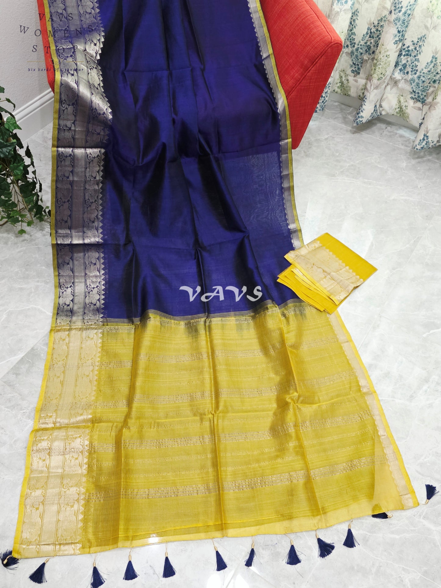 Royal Midnight Sapphire Blue & Sunlit Marigold Yellow Mangalagiri Pattu Silk Cotton Saree with Kanchi Border