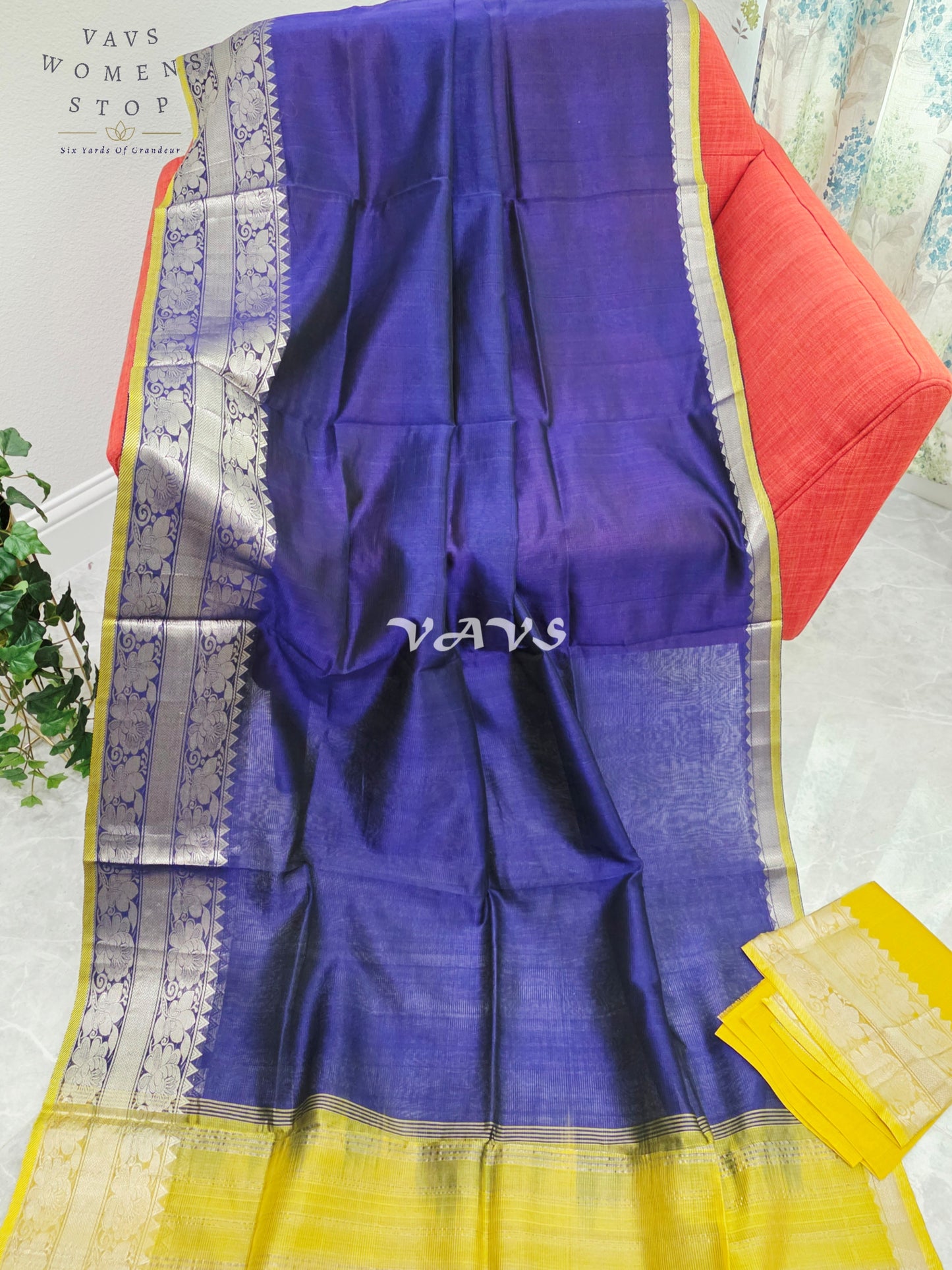 Royal Midnight Sapphire Blue & Sunlit Marigold Yellow Mangalagiri Pattu Silk Cotton Saree with Kanchi Border