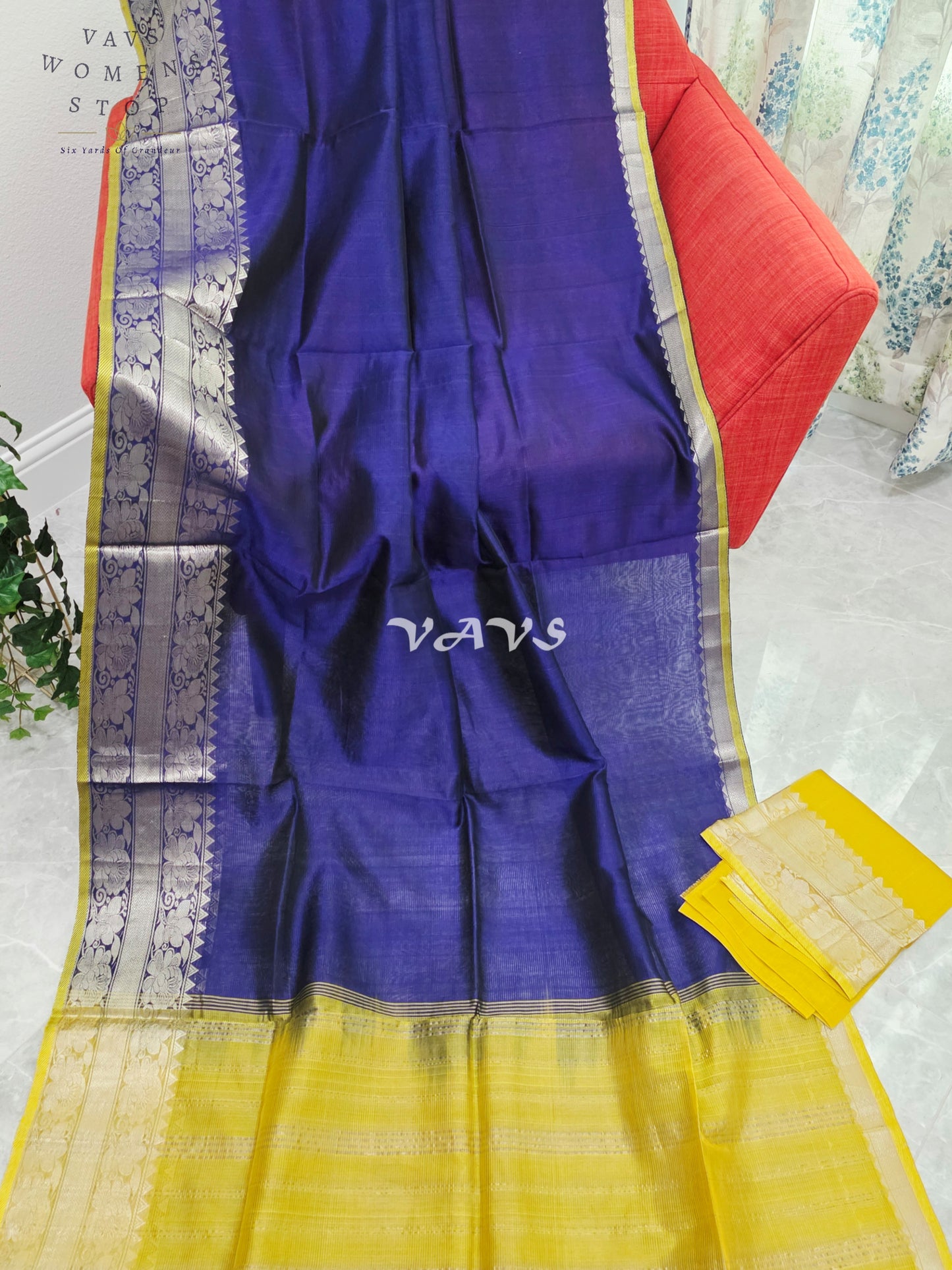 Royal Midnight Sapphire Blue & Sunlit Marigold Yellow Mangalagiri Pattu Silk Cotton Saree with Kanchi Border