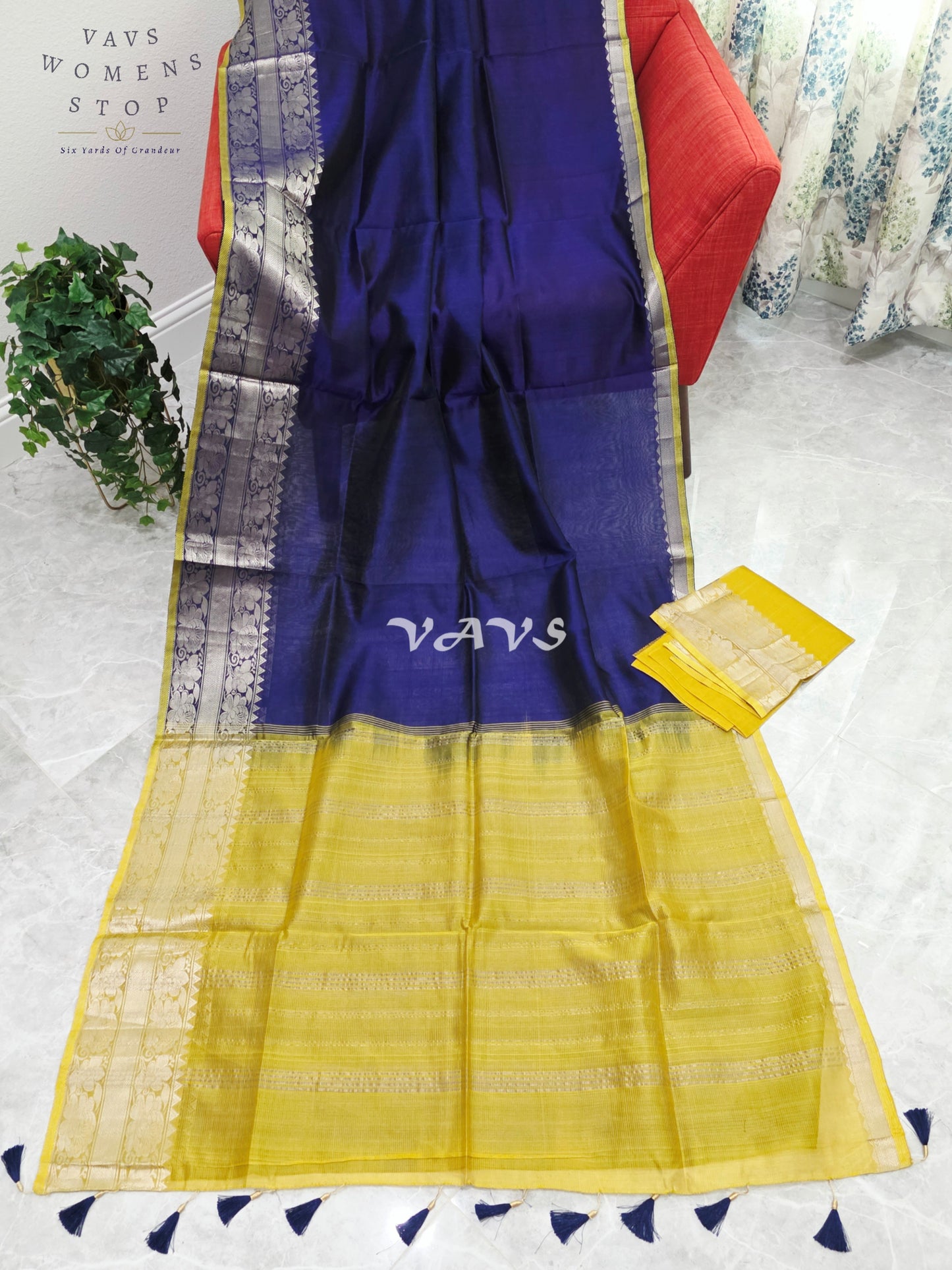 Royal Midnight Sapphire Blue & Sunlit Marigold Yellow Mangalagiri Pattu Silk Cotton Saree with Kanchi Border