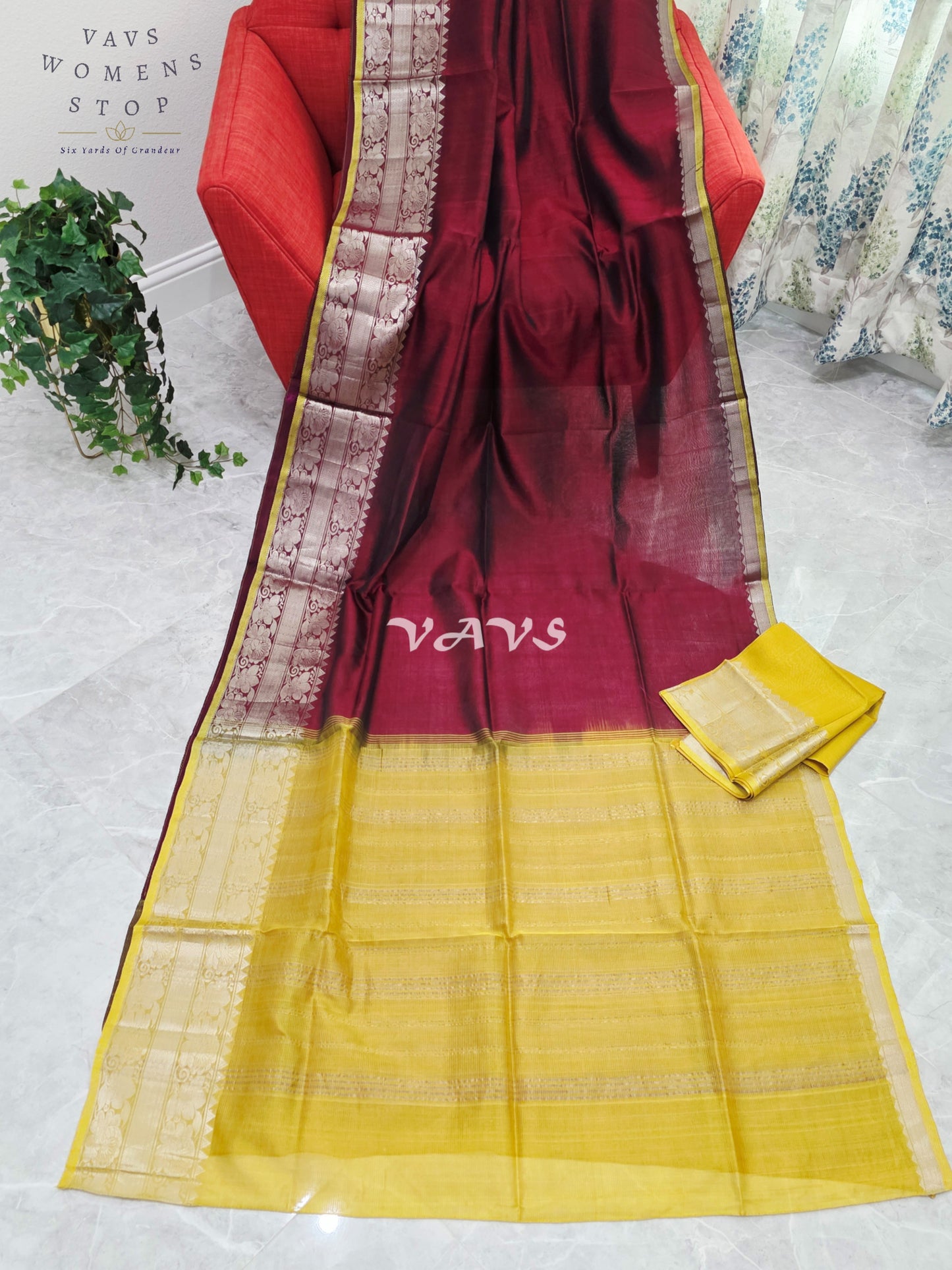 Royal Mulberry Wine & Sunlit Marigold Yellow Mangalagiri Pattu Silk Cotton Saree with Kanchi Border