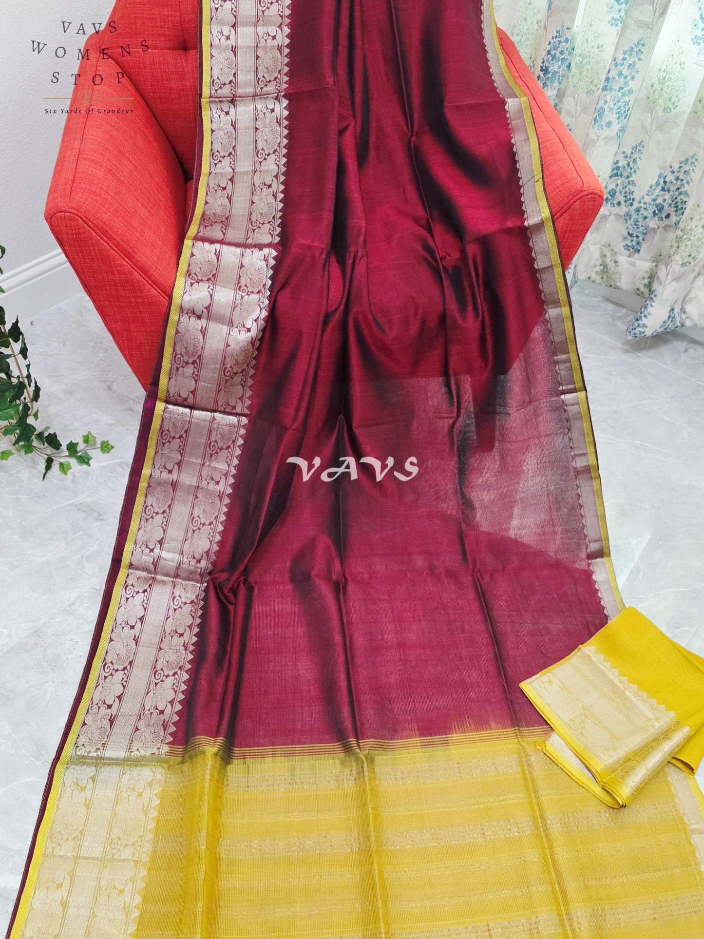 Royal Mulberry Wine & Sunlit Marigold Yellow Mangalagiri Pattu Silk Cotton Saree with Kanchi Border
