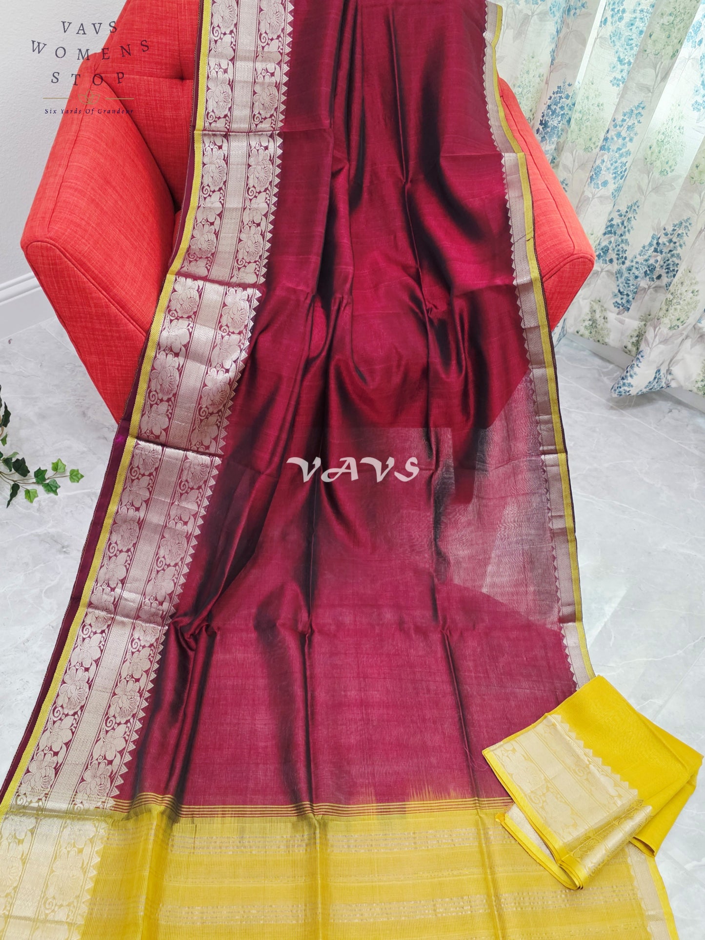 Royal Mulberry Wine & Sunlit Marigold Yellow Mangalagiri Pattu Silk Cotton Saree with Kanchi Border