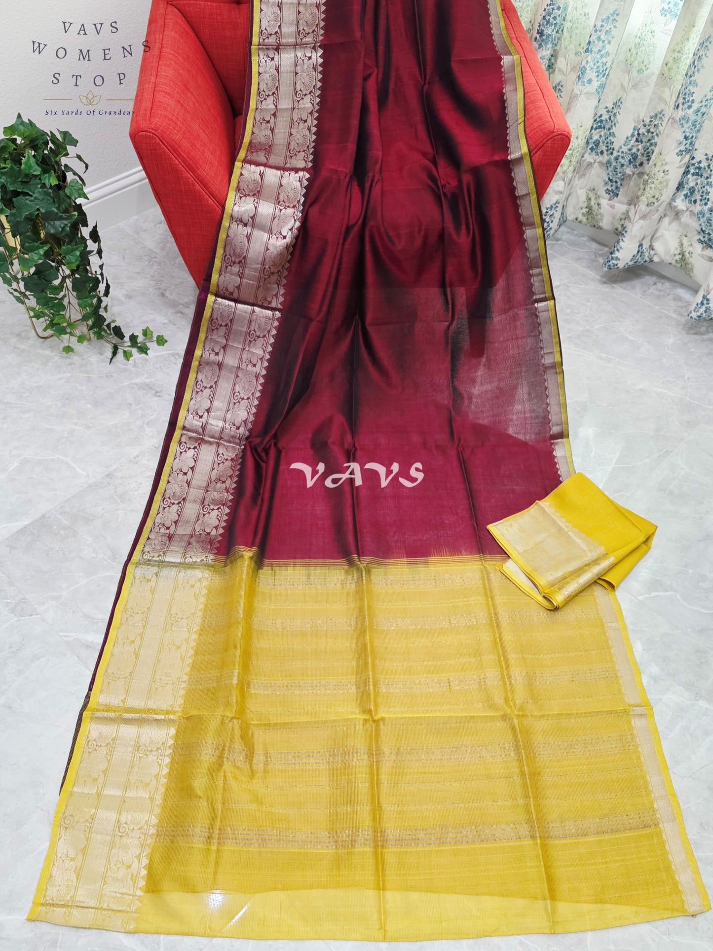 Royal Mulberry Wine & Sunlit Marigold Yellow Mangalagiri Pattu Silk Cotton Saree with Kanchi Border