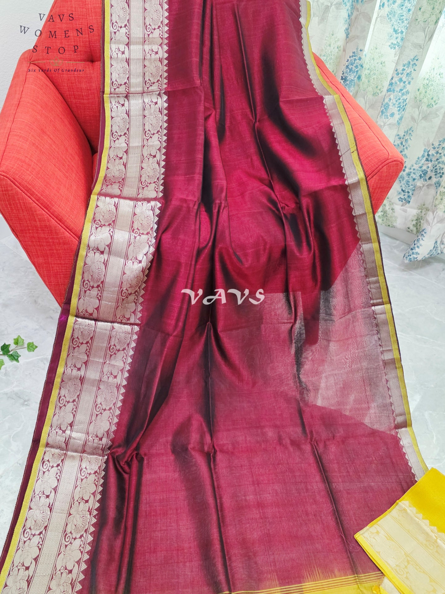Royal Mulberry Wine & Sunlit Marigold Yellow Mangalagiri Pattu Silk Cotton Saree with Kanchi Border