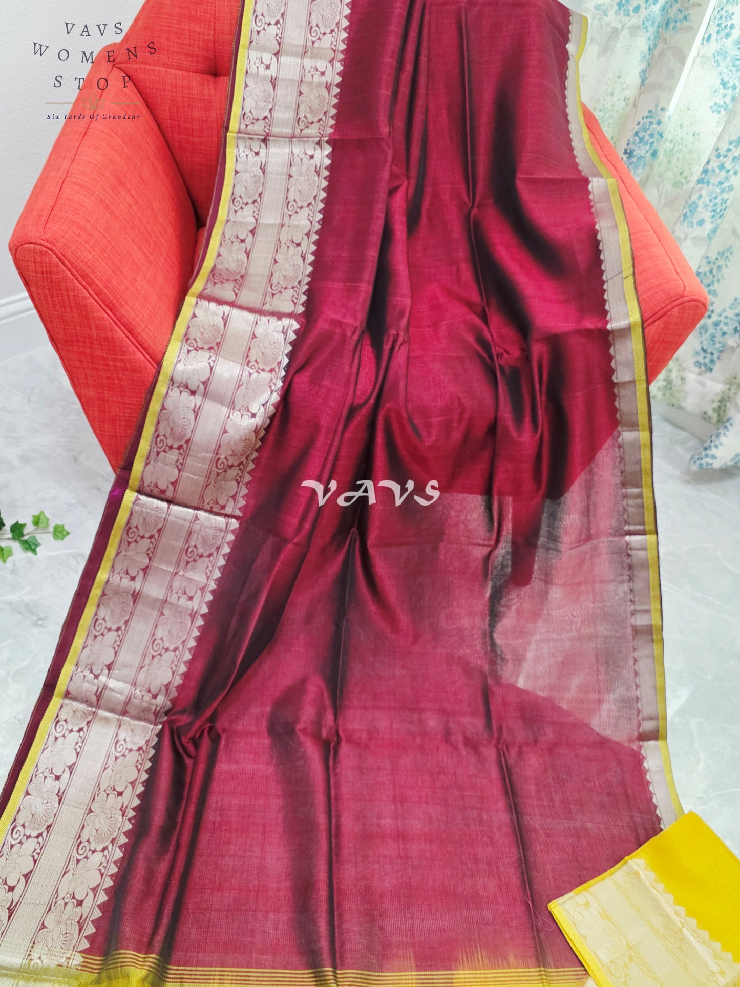 Royal Mulberry Wine & Sunlit Marigold Yellow Mangalagiri Pattu Silk Cotton Saree with Kanchi Border