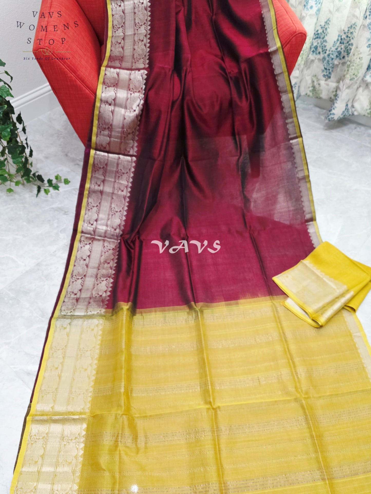 Royal Mulberry Wine & Sunlit Marigold Yellow Mangalagiri Pattu Silk Cotton Saree with Kanchi Border