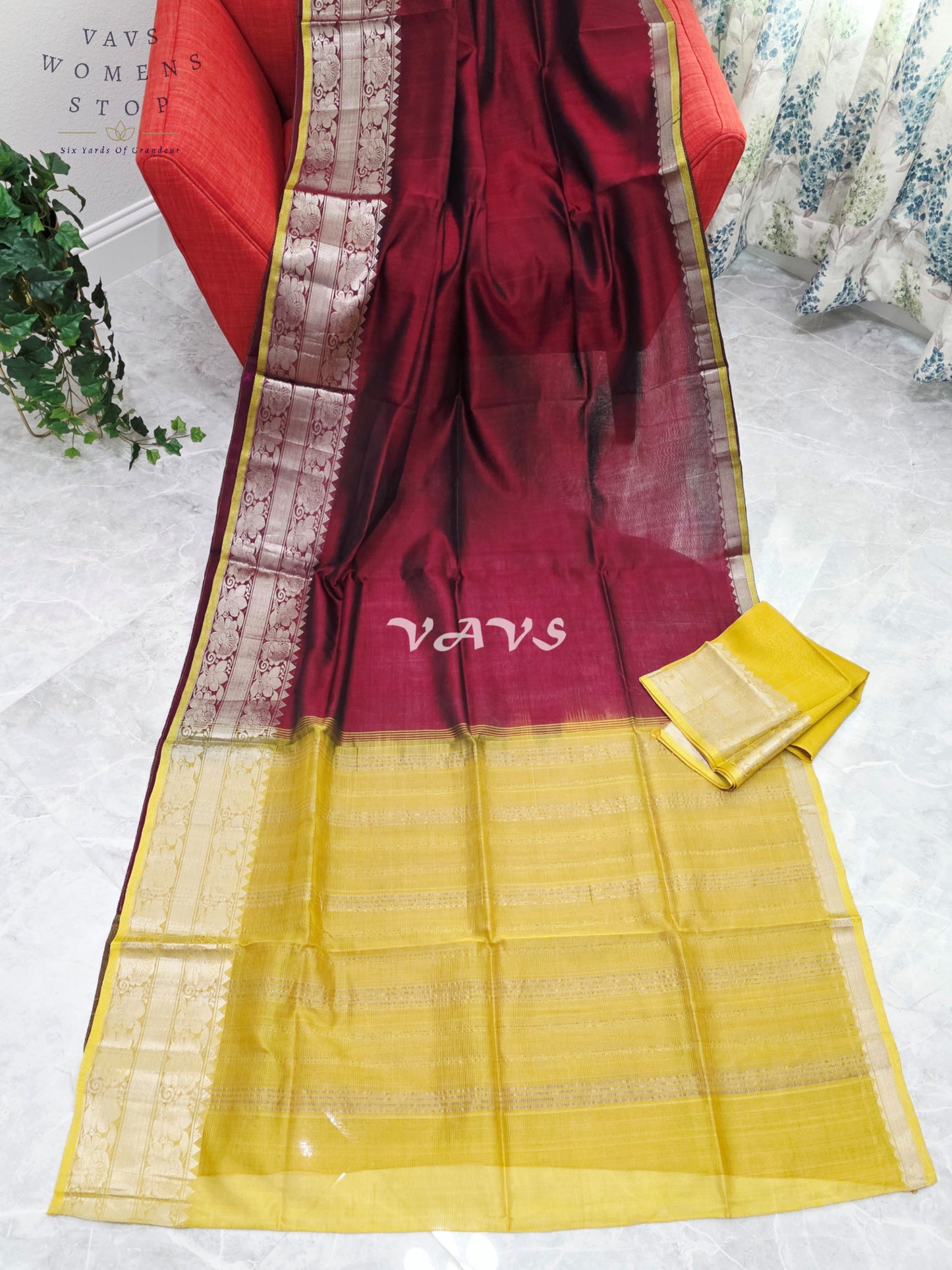 Royal Mulberry Wine & Sunlit Marigold Yellow Mangalagiri Pattu Silk Cotton Saree with Kanchi Border