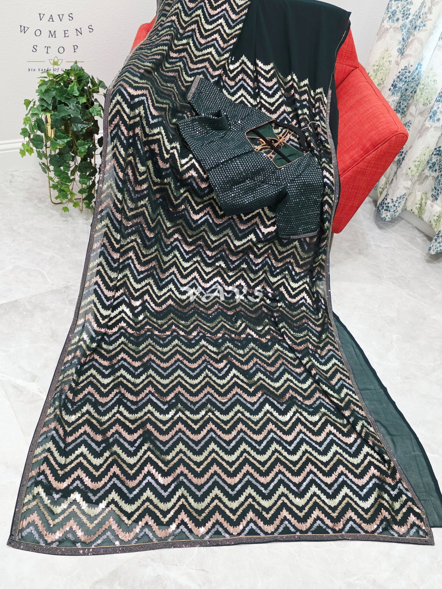 Royal Midnight Bottle Green Georgette Saree with Champagne Gold, Rose Gold & Silver Chevron Sequins and Stitched Blouse