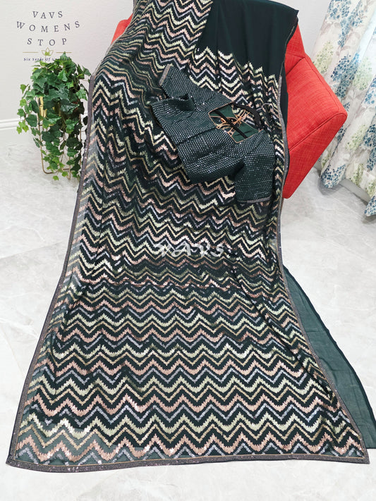 Royal Midnight Bottle Green Georgette Saree with Champagne Gold, Rose Gold & Silver Chevron Sequins and Stitched Blouse