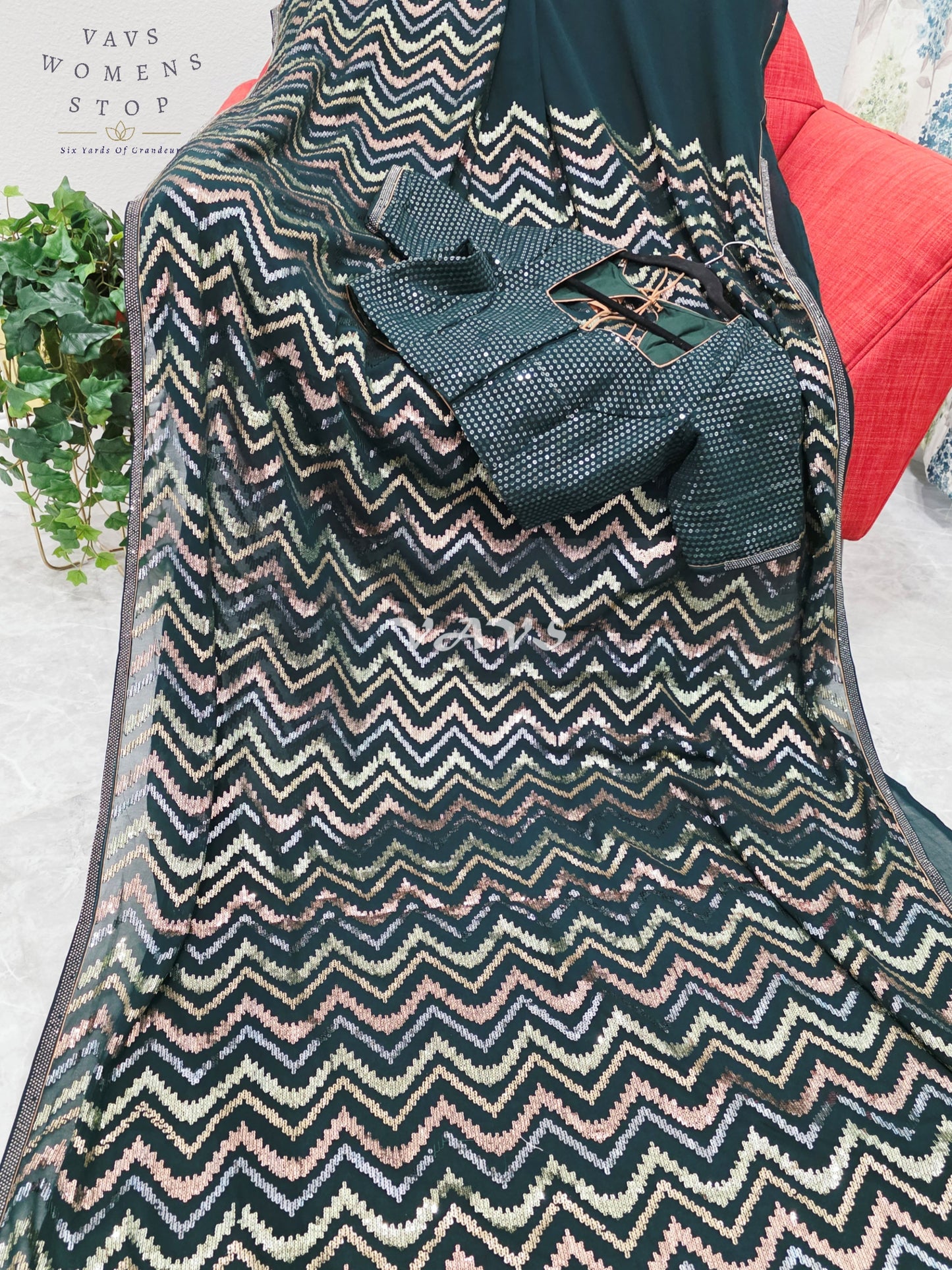 Royal Midnight Bottle Green Georgette Saree with Champagne Gold, Rose Gold & Silver Chevron Sequins and Stitched Blouse