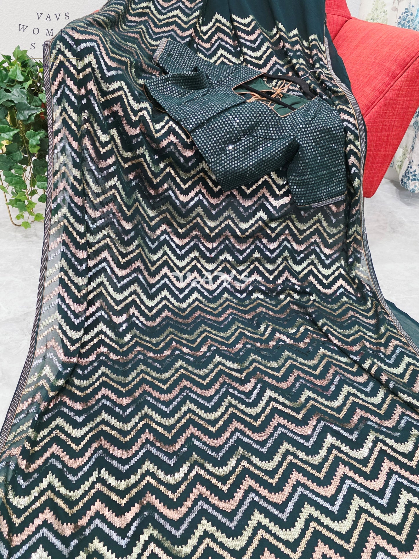 Royal Midnight Bottle Green Georgette Saree with Champagne Gold, Rose Gold & Silver Chevron Sequins and Stitched Blouse