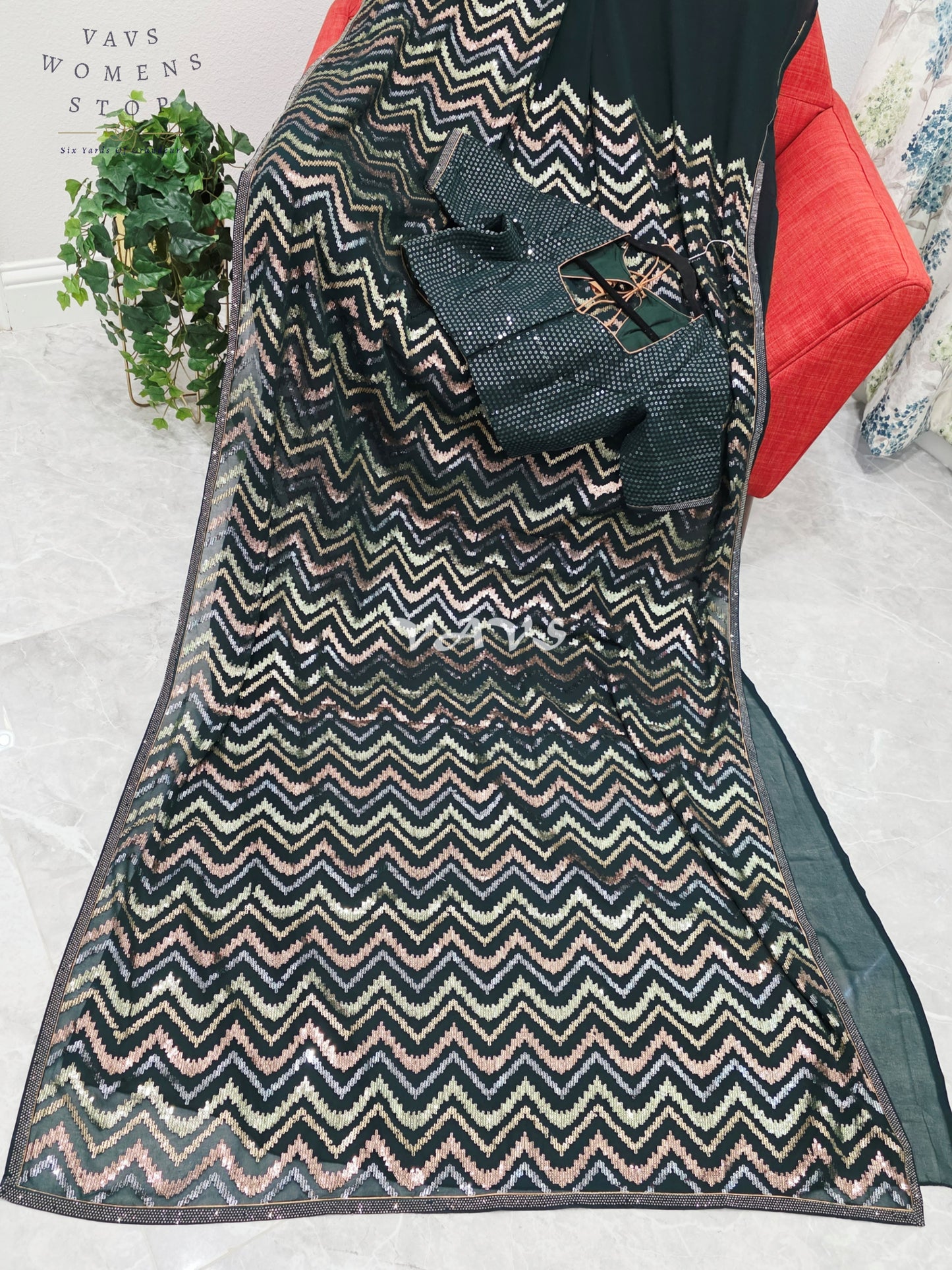 Royal Midnight Bottle Green Georgette Saree with Champagne Gold, Rose Gold & Silver Chevron Sequins and Stitched Blouse