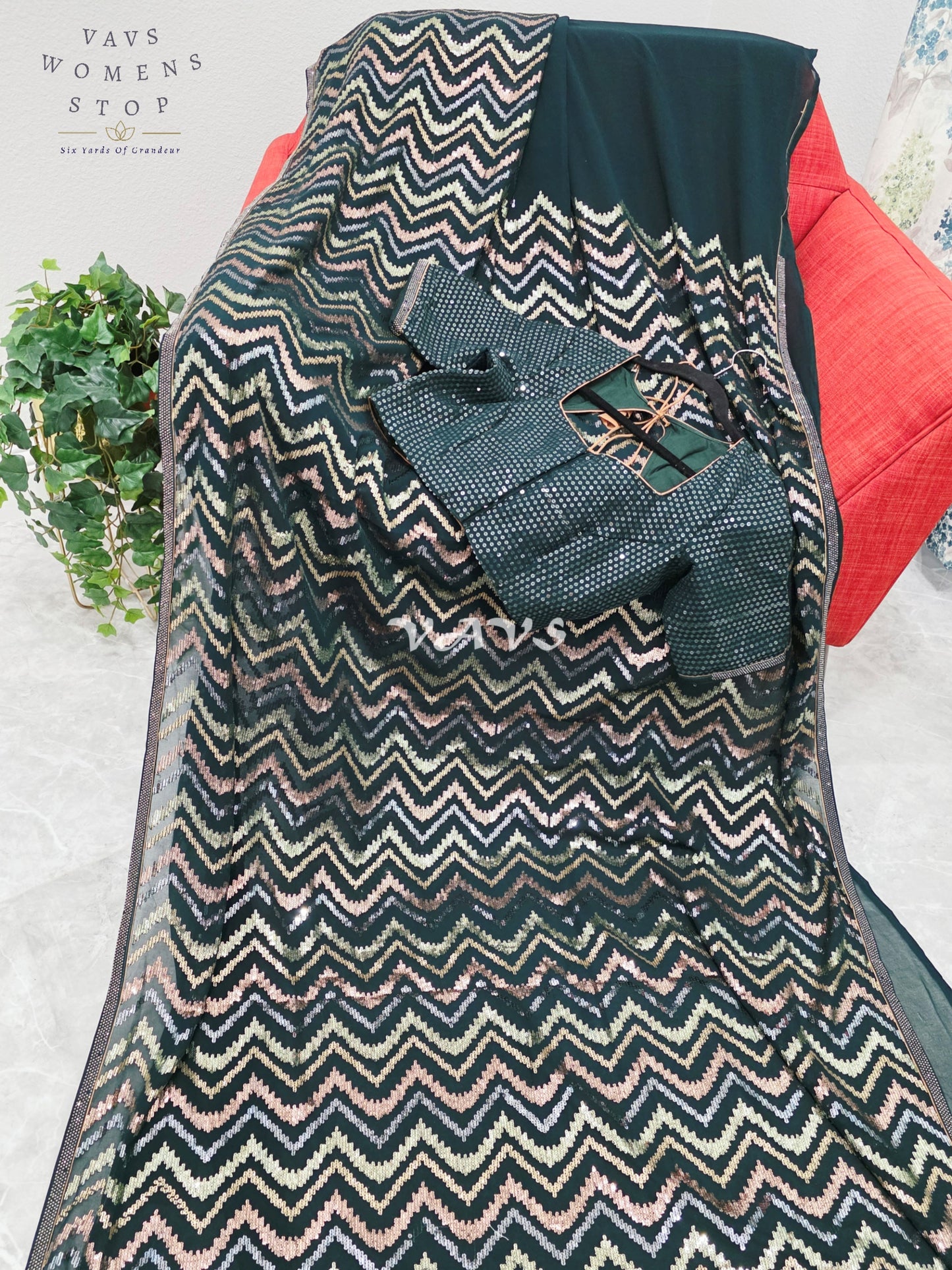 Royal Midnight Bottle Green Georgette Saree with Champagne Gold, Rose Gold & Silver Chevron Sequins and Stitched Blouse