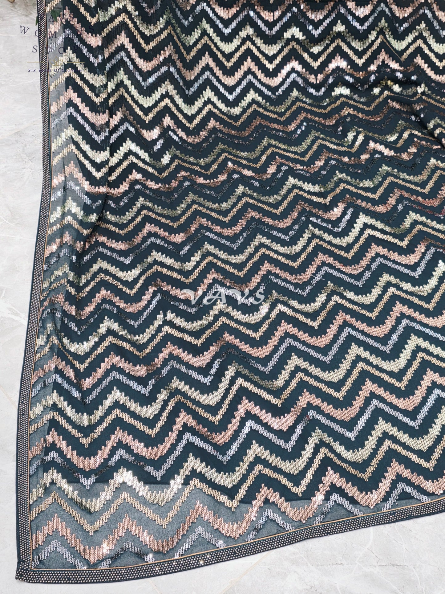 Royal Midnight Bottle Green Georgette Saree with Champagne Gold, Rose Gold & Silver Chevron Sequins and Stitched Blouse