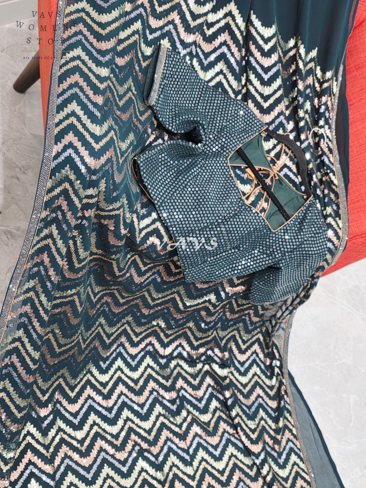 Royal Midnight Bottle Green Georgette Saree with Champagne Gold, Rose Gold & Silver Chevron Sequins and Stitched Blouse