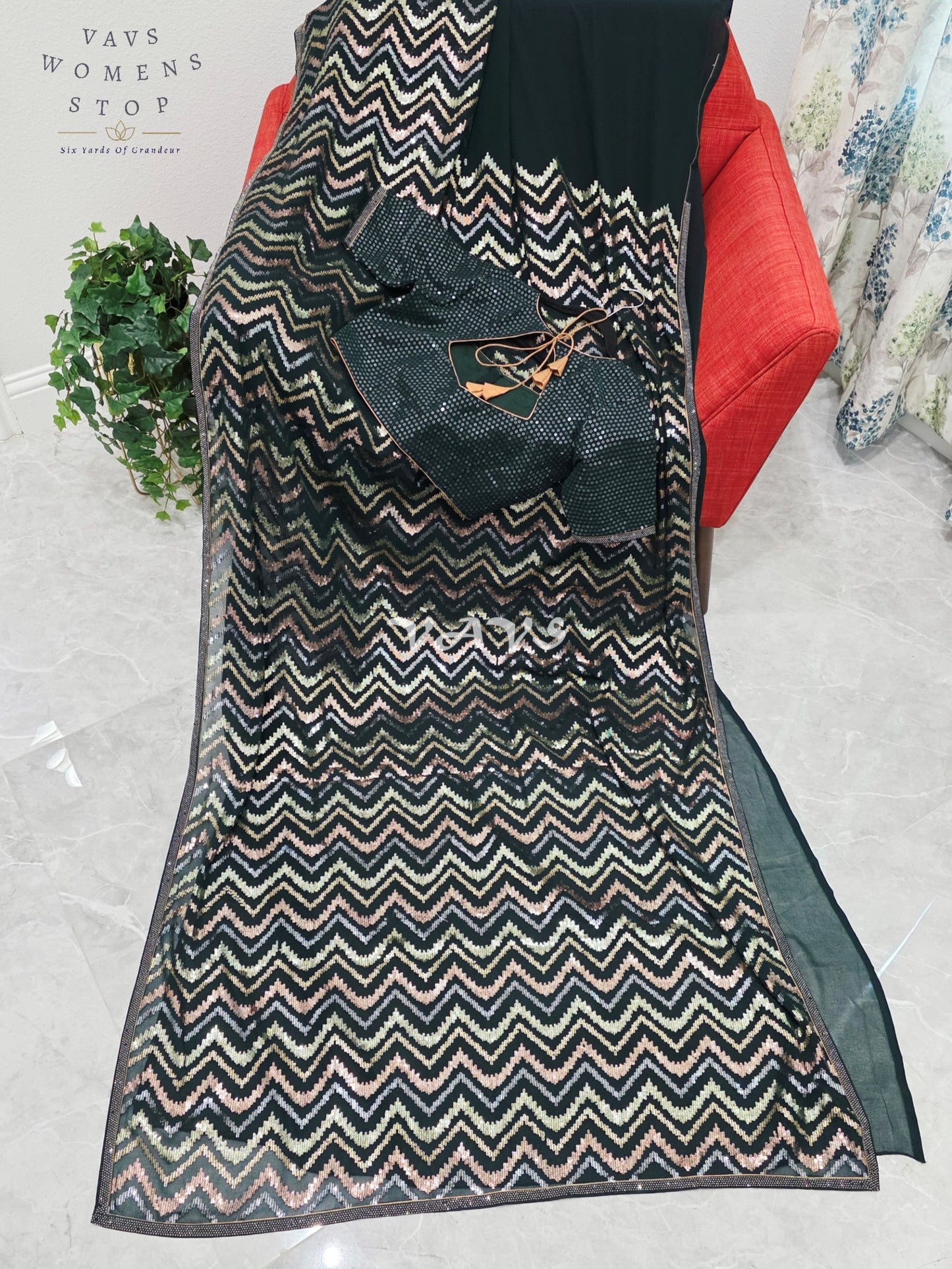 Royal Midnight Bottle Green Georgette Saree with Champagne Gold, Rose Gold & Silver Chevron Sequins and Stitched Blouse