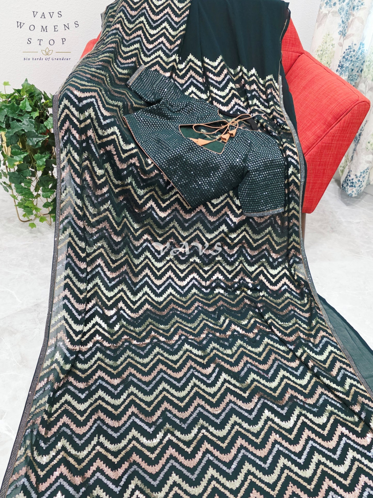 Royal Midnight Bottle Green Georgette Saree with Champagne Gold, Rose Gold & Silver Chevron Sequins and Stitched Blouse