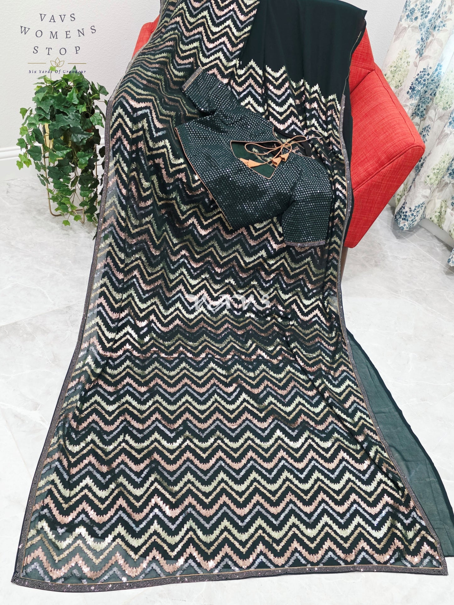 Royal Midnight Bottle Green Georgette Saree with Champagne Gold, Rose Gold & Silver Chevron Sequins and Stitched Blouse