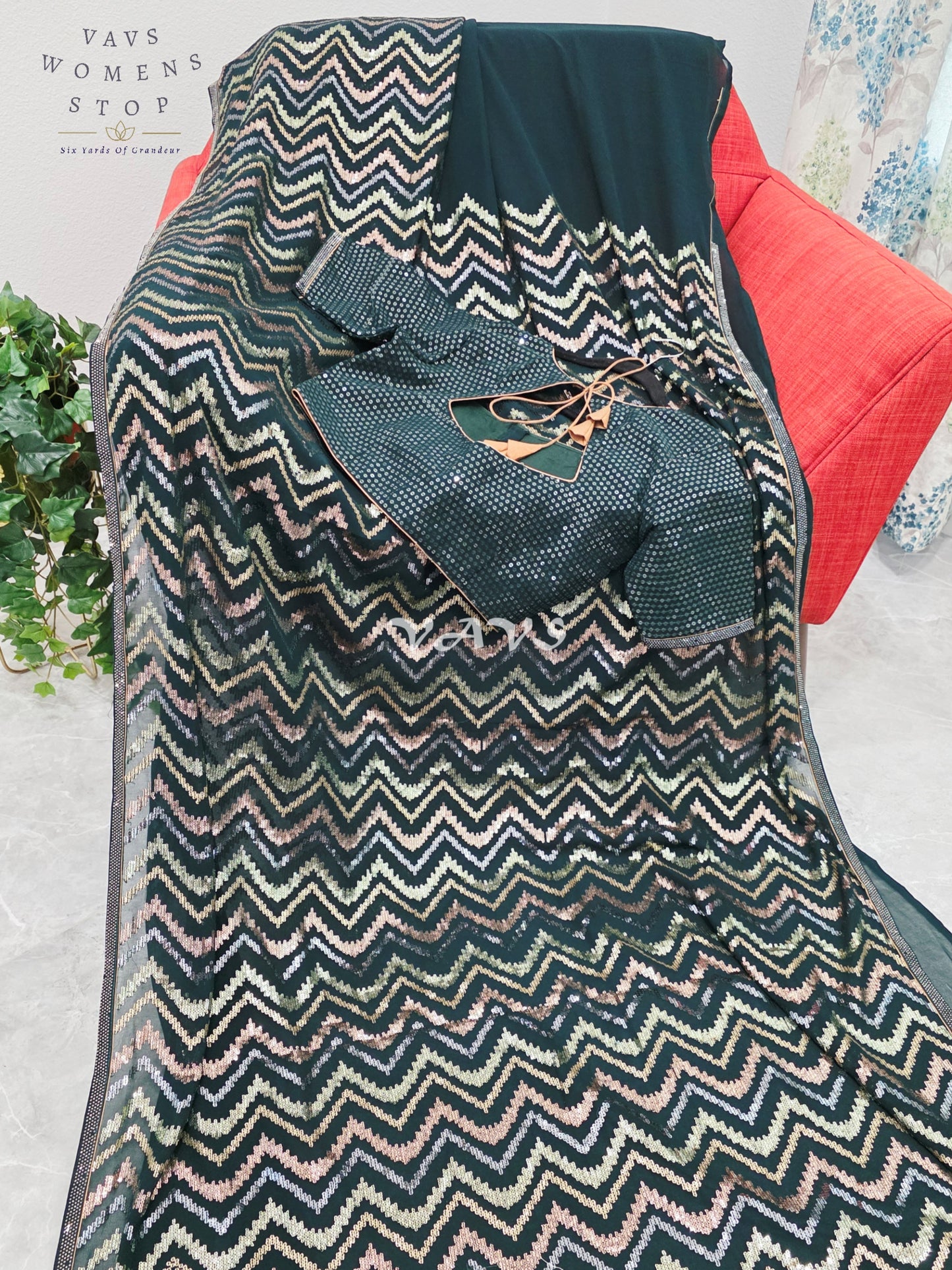 Royal Midnight Bottle Green Georgette Saree with Champagne Gold, Rose Gold & Silver Chevron Sequins and Stitched Blouse