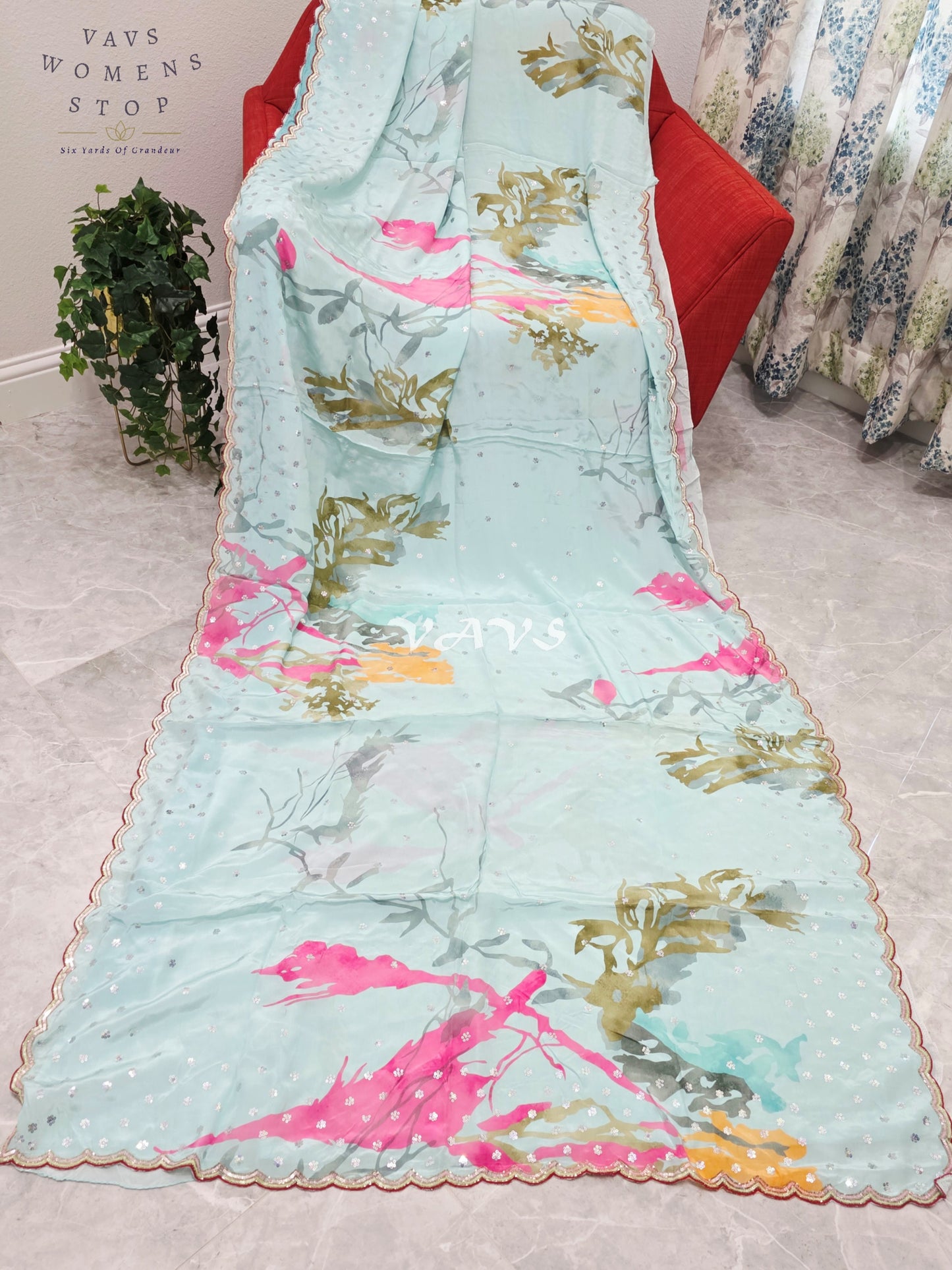 Royal Icy Aqua Mint Pure Crepe Abstract Floral Saree with Fuchsia Pink Accents, Scalloped Border & Stitched Blouse Size 36–42