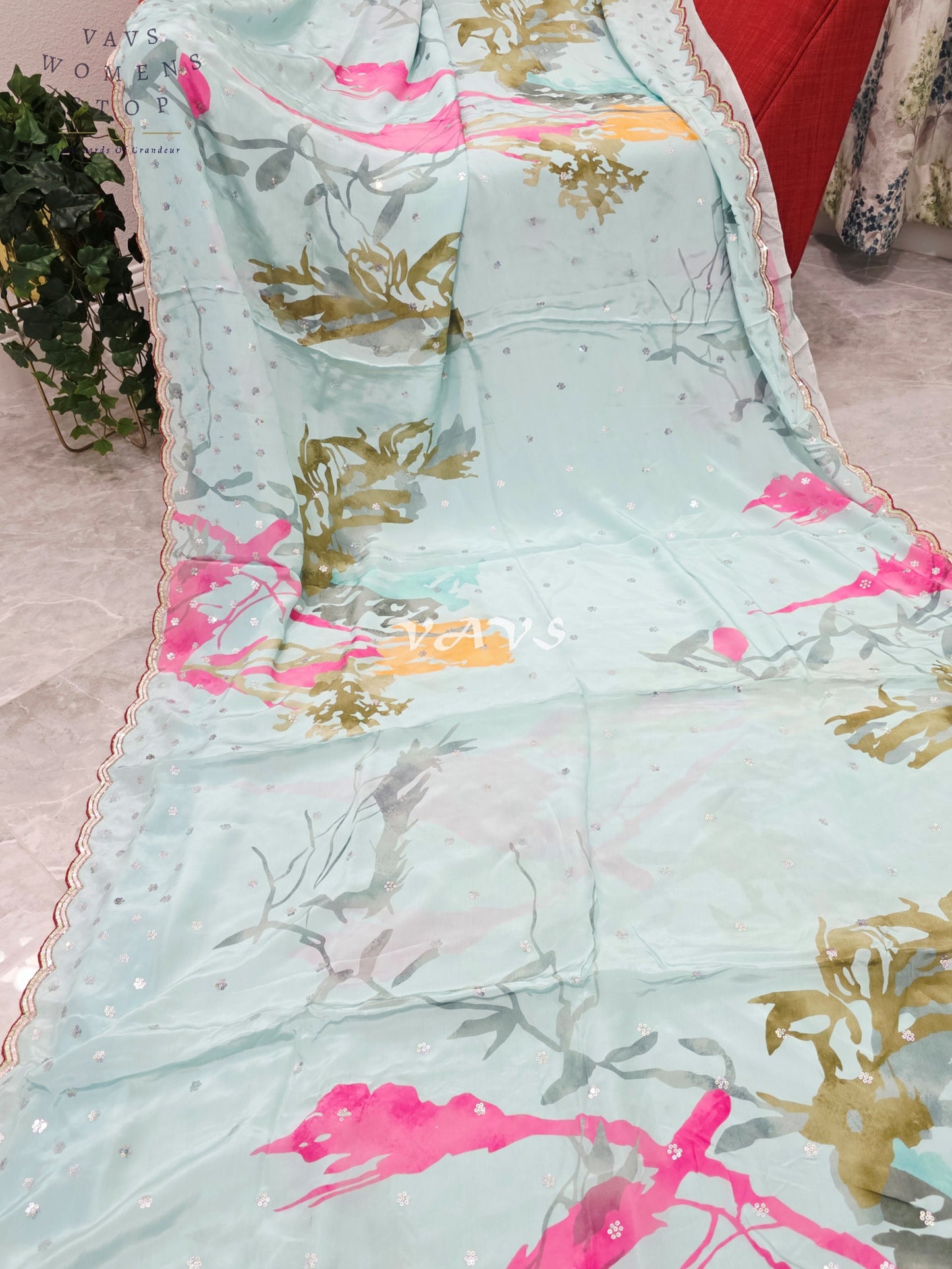 Royal Icy Aqua Mint Pure Crepe Abstract Floral Saree with Fuchsia Pink Accents, Scalloped Border & Stitched Blouse Size 36–42