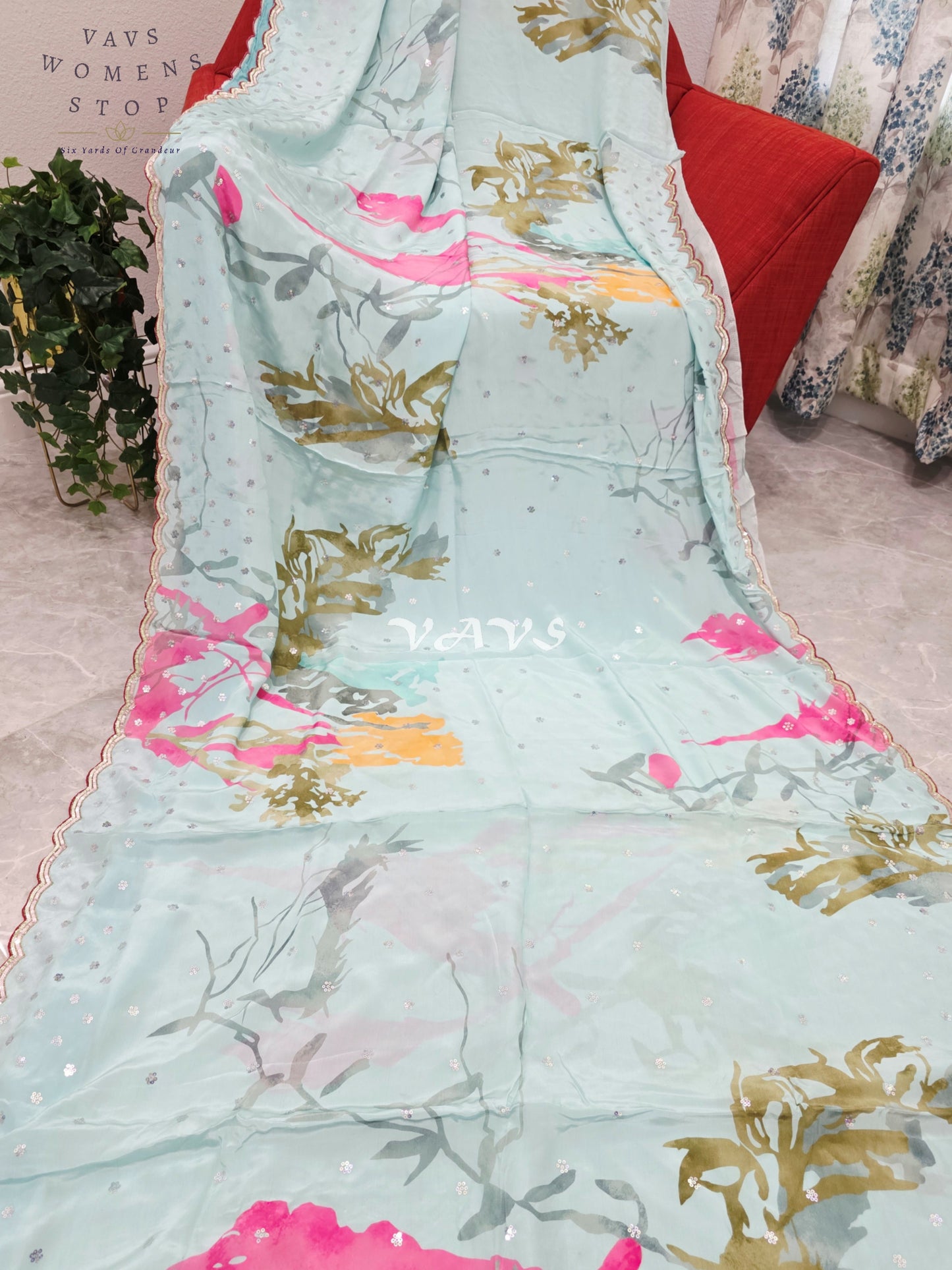 Royal Icy Aqua Mint Pure Crepe Abstract Floral Saree with Fuchsia Pink Accents, Scalloped Border & Stitched Blouse Size 36–42