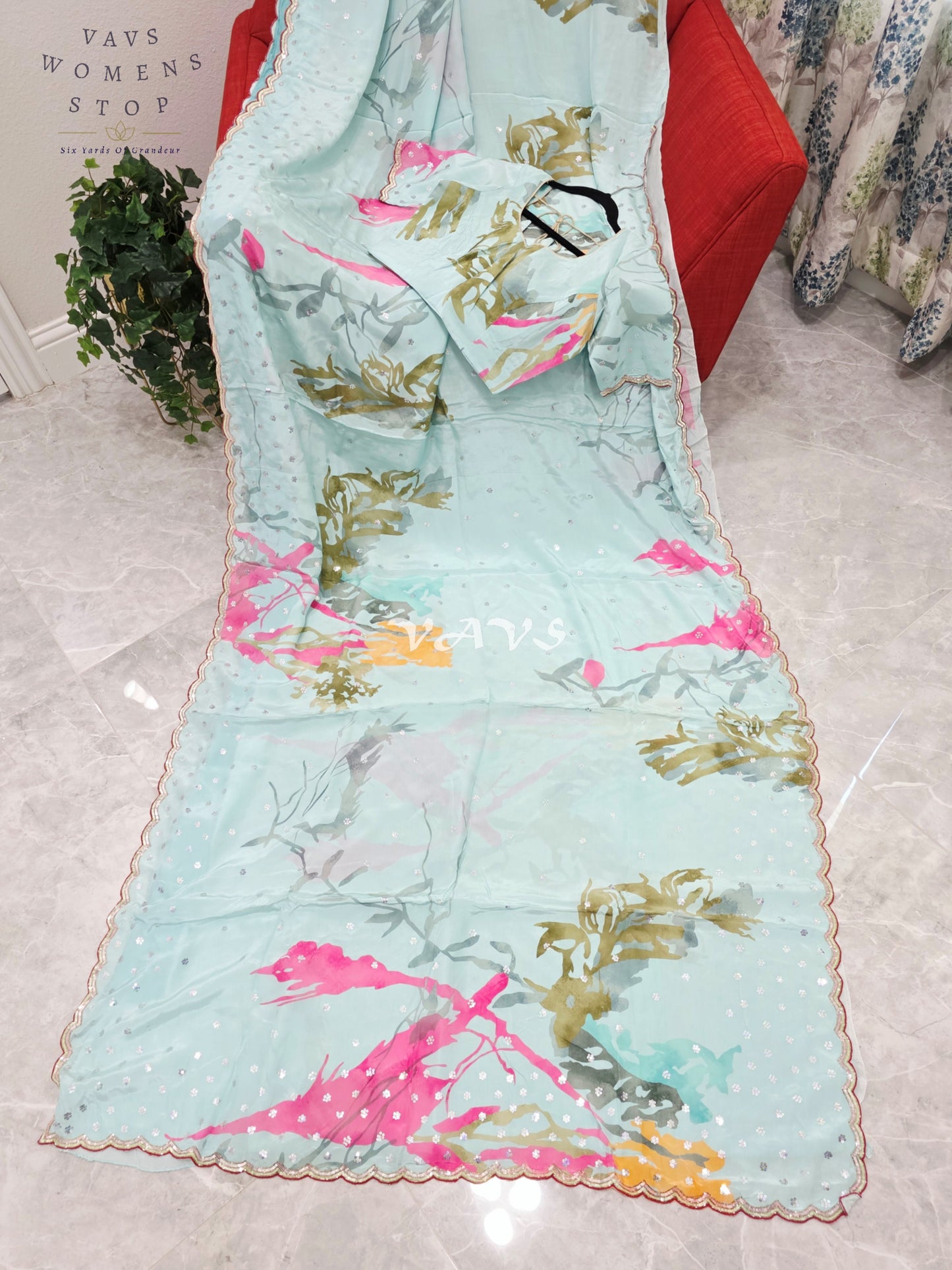 Royal Icy Aqua Mint Pure Crepe Abstract Floral Saree with Fuchsia Pink Accents, Scalloped Border & Stitched Blouse Size 36–42