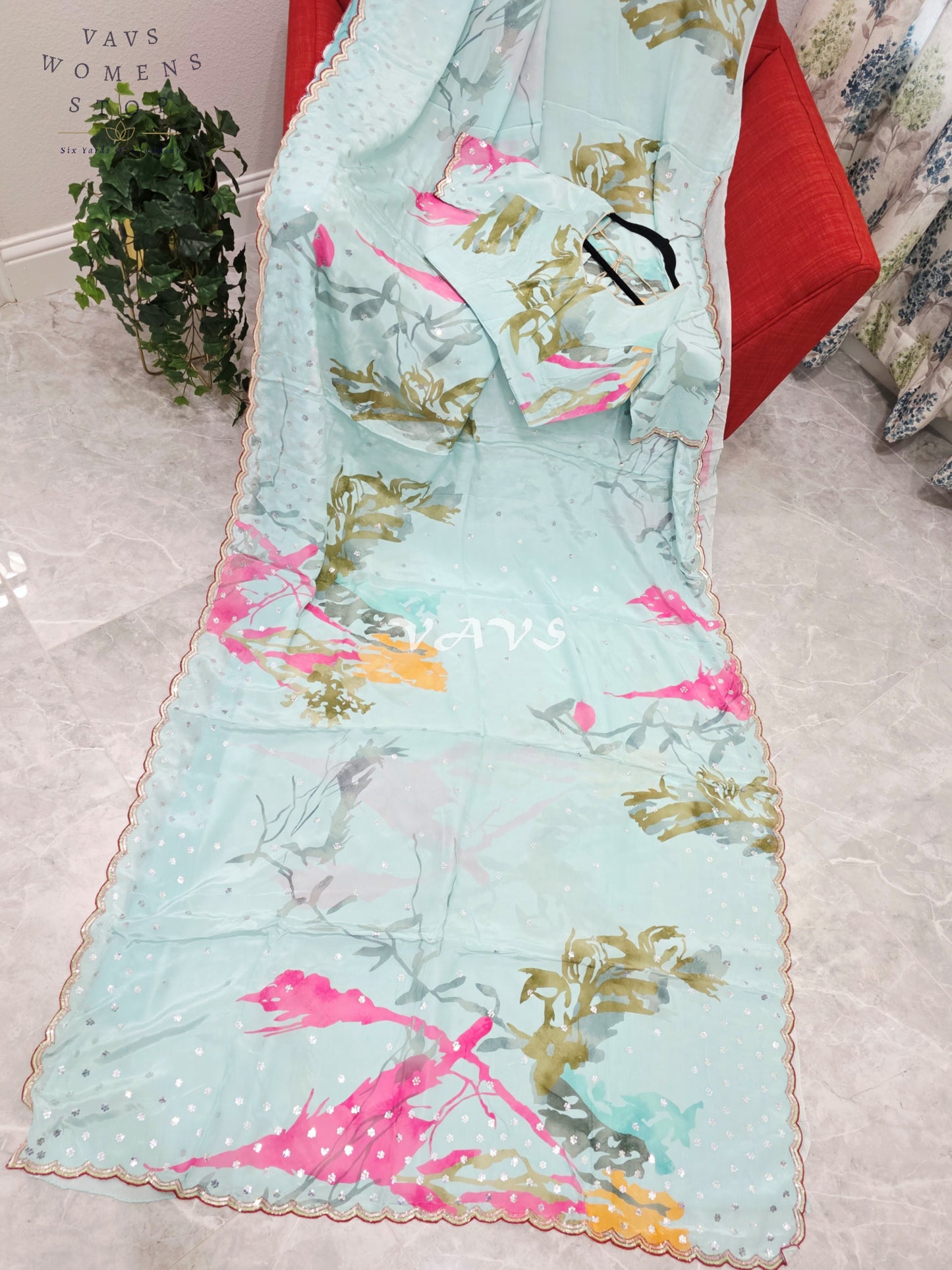 Royal Icy Aqua Mint Pure Crepe Abstract Floral Saree with Fuchsia Pink Accents, Scalloped Border & Stitched Blouse Size 36–42