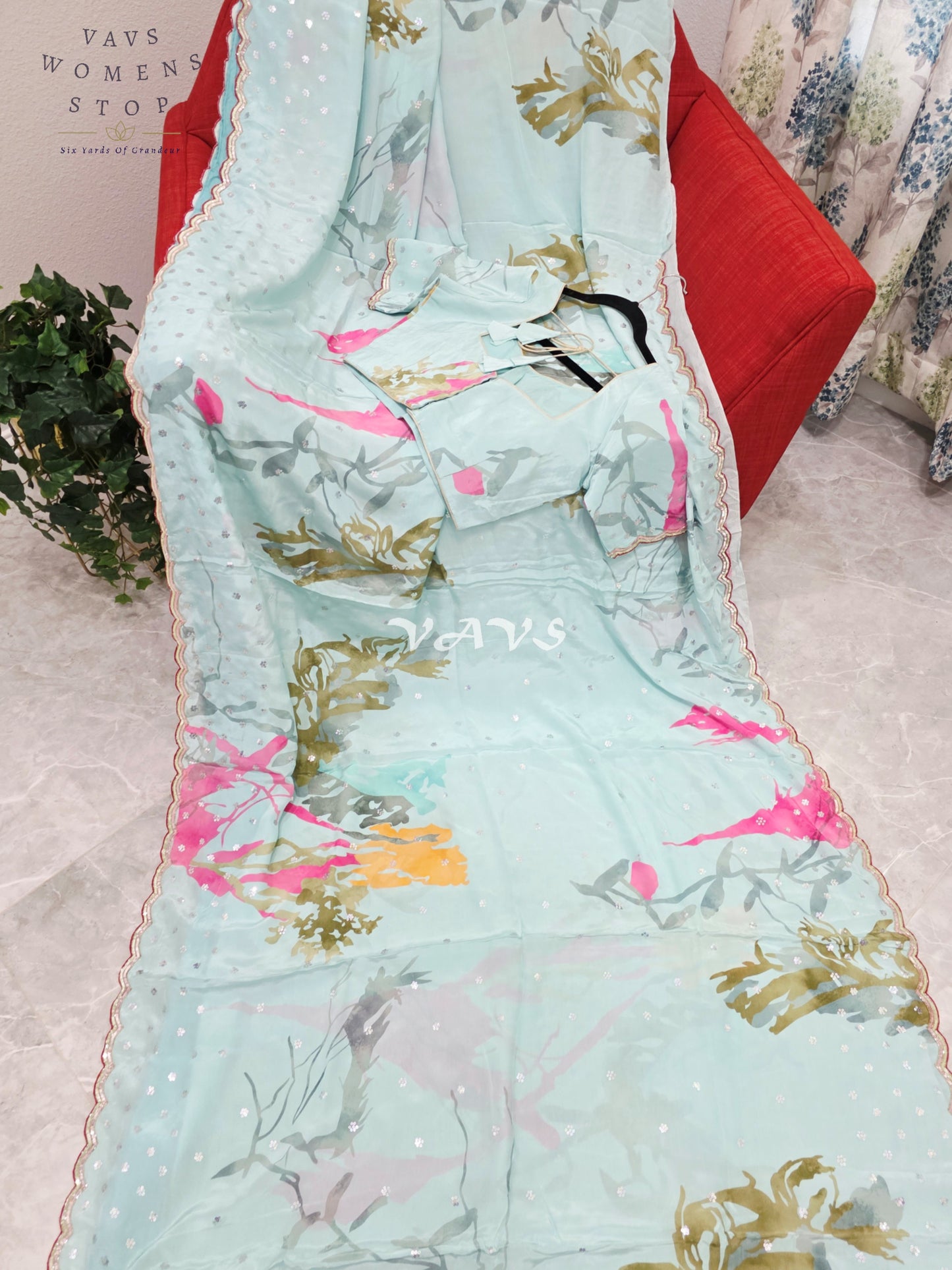 Royal Icy Aqua Mint Pure Crepe Abstract Floral Saree with Fuchsia Pink Accents, Scalloped Border & Stitched Blouse Size 36–42