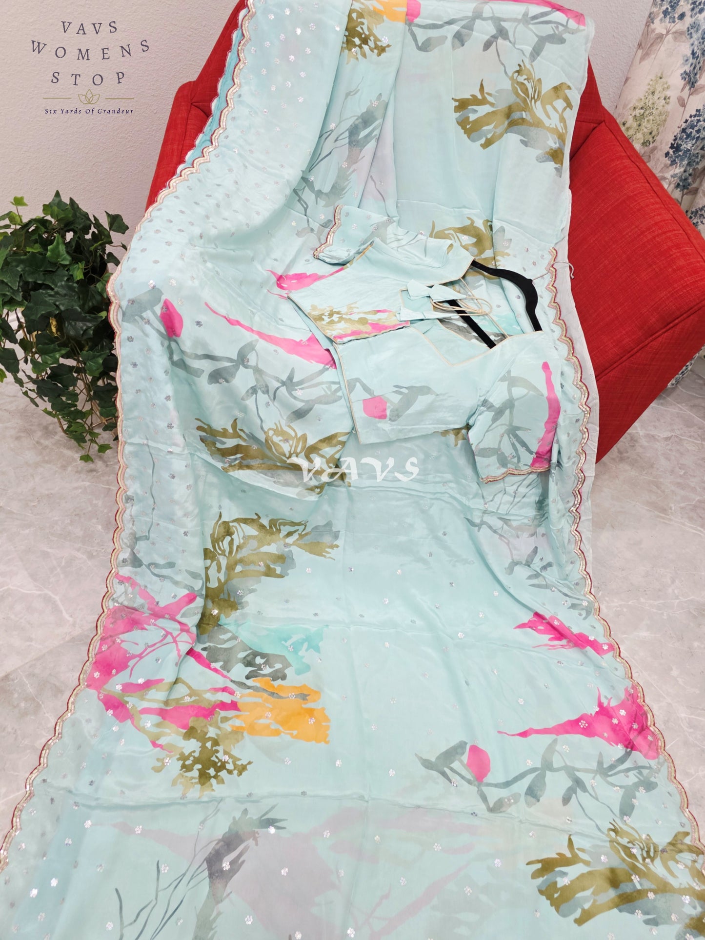Royal Icy Aqua Mint Pure Crepe Abstract Floral Saree with Fuchsia Pink Accents, Scalloped Border & Stitched Blouse Size 36–42
