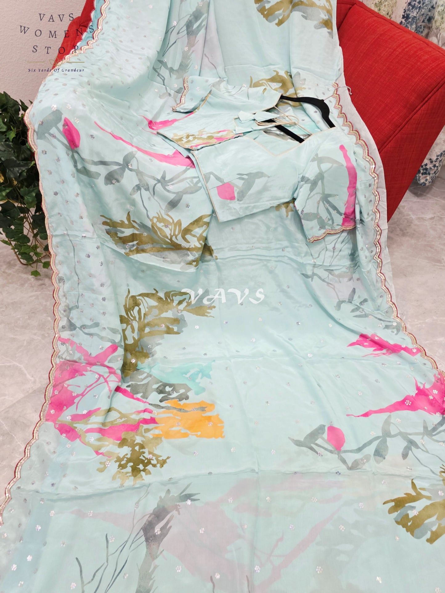 Royal Icy Aqua Mint Pure Crepe Abstract Floral Saree with Fuchsia Pink Accents, Scalloped Border & Stitched Blouse Size 36–42