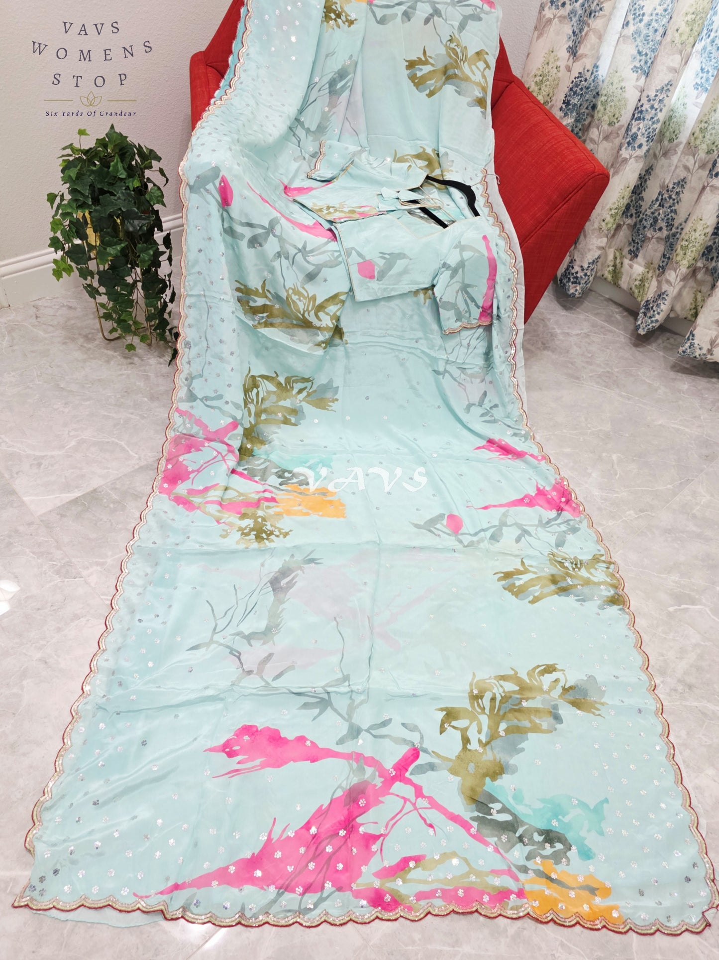 Royal Icy Aqua Mint Pure Crepe Abstract Floral Saree with Fuchsia Pink Accents, Scalloped Border & Stitched Blouse Size 36–42