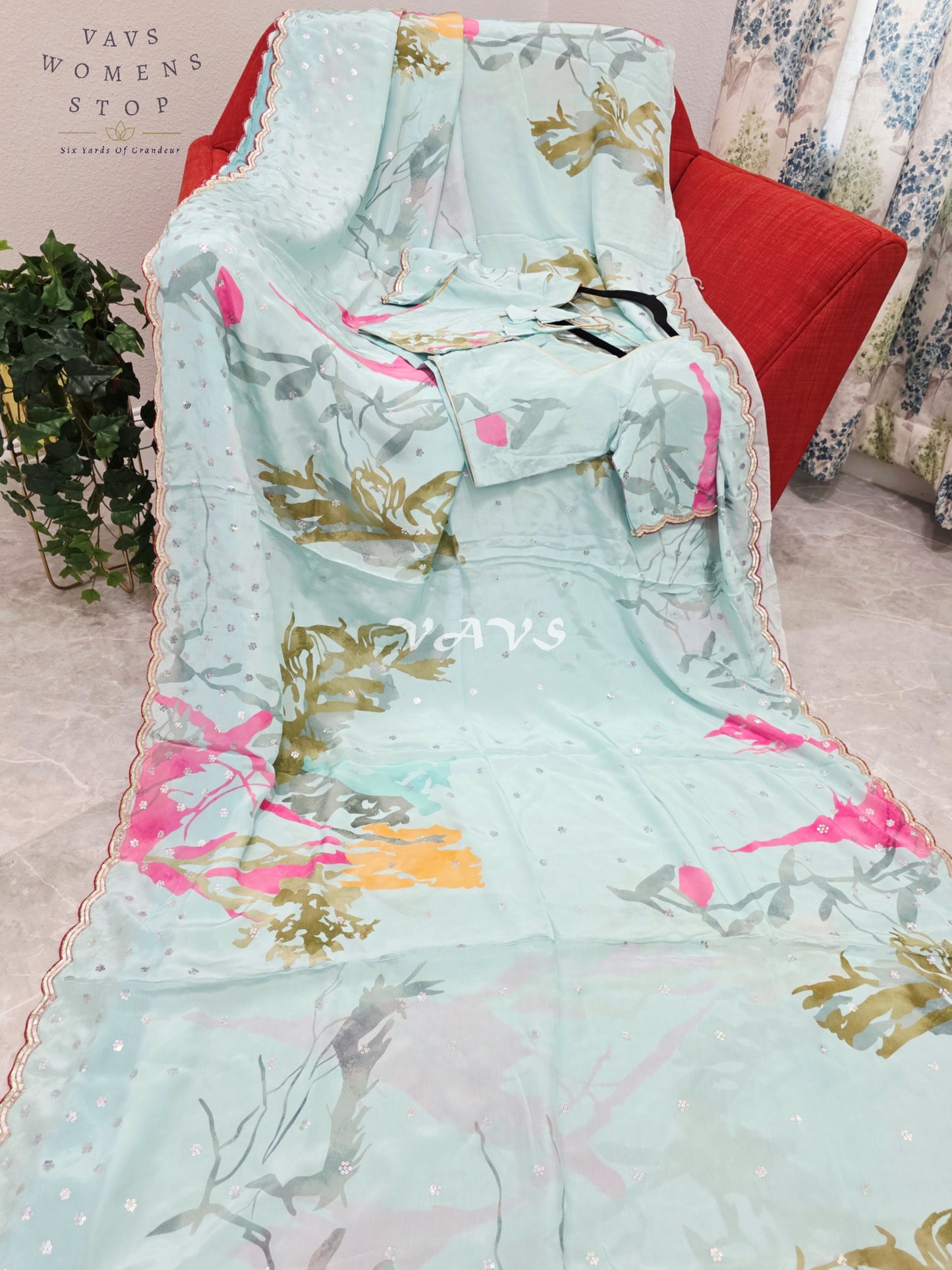 Royal Icy Aqua Mint Pure Crepe Abstract Floral Saree with Fuchsia Pink Accents, Scalloped Border & Stitched Blouse Size 36–42