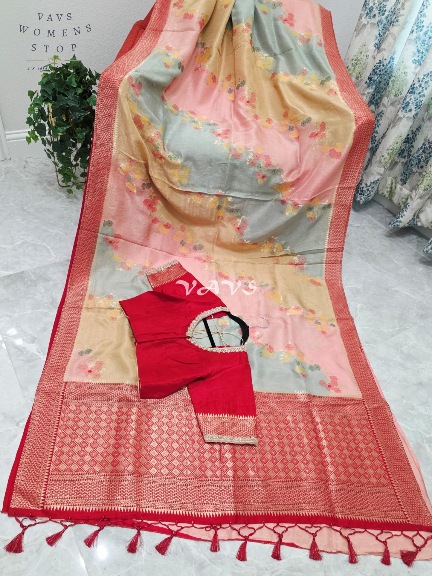 Royal Blush Pink & Mist Blue Pure Munga Crepe Tussar Silk Saree with Floral Weave & Designer Stitched Blouse Size 42-48