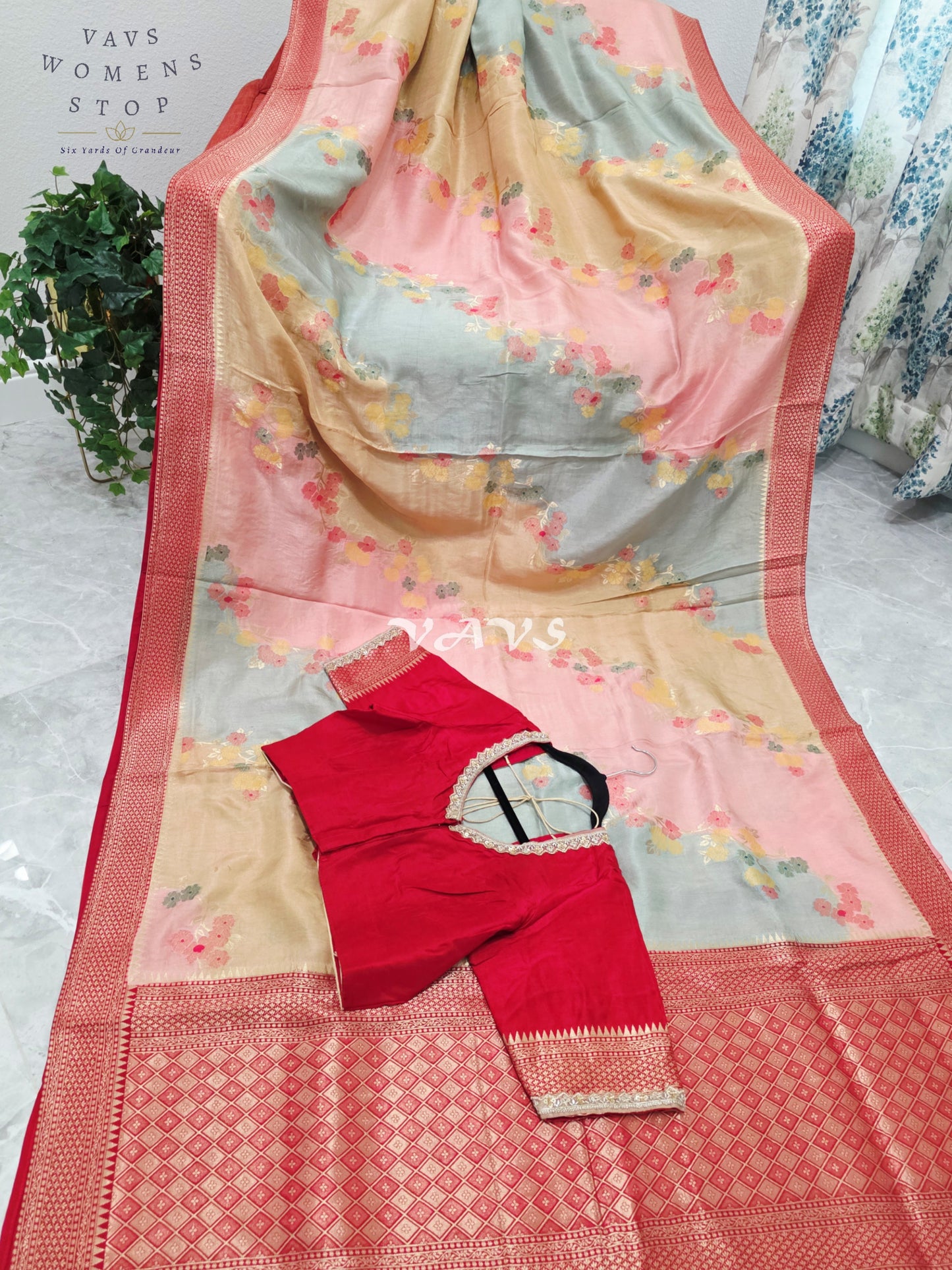 Royal Blush Pink & Mist Blue Pure Munga Crepe Tussar Silk Saree with Floral Weave & Designer Stitched Blouse Size 42-48