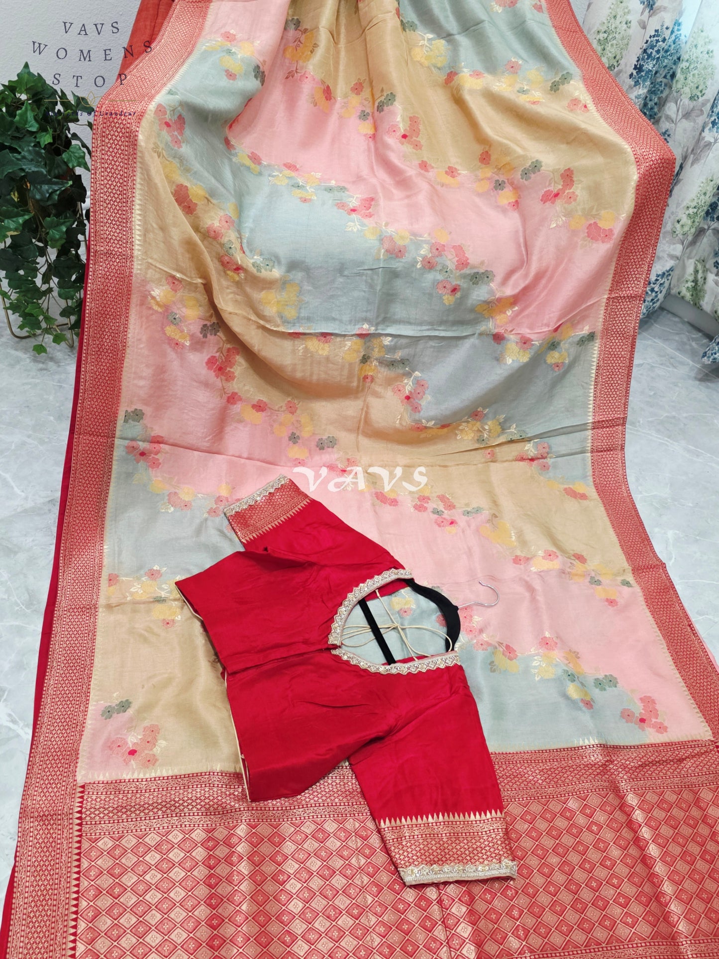 Royal Blush Pink & Mist Blue Pure Munga Crepe Tussar Silk Saree with Floral Weave & Designer Stitched Blouse Size 42-48