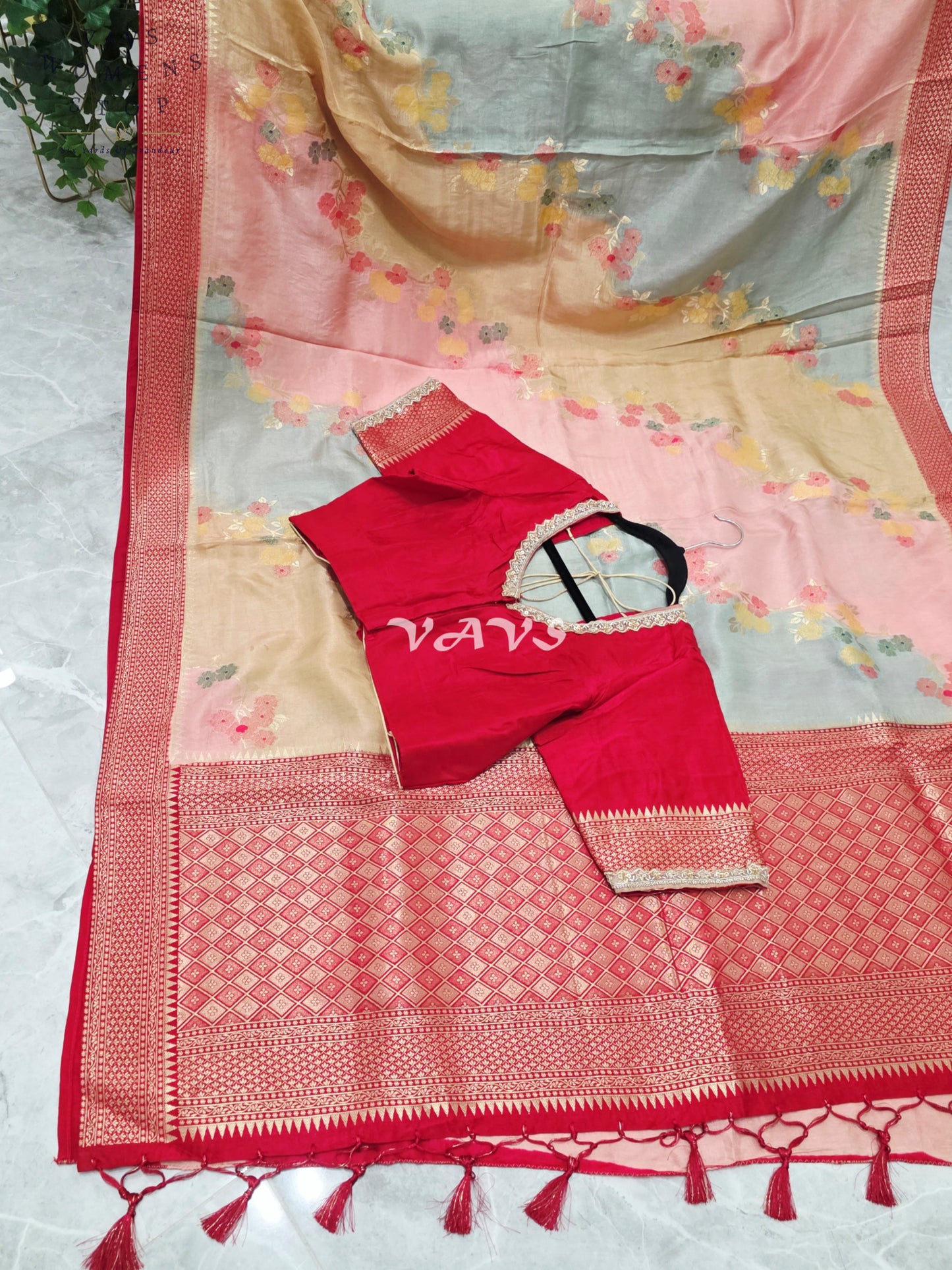 Royal Blush Pink & Mist Blue Pure Munga Crepe Tussar Silk Saree with Floral Weave & Designer Stitched Blouse Size 42-48