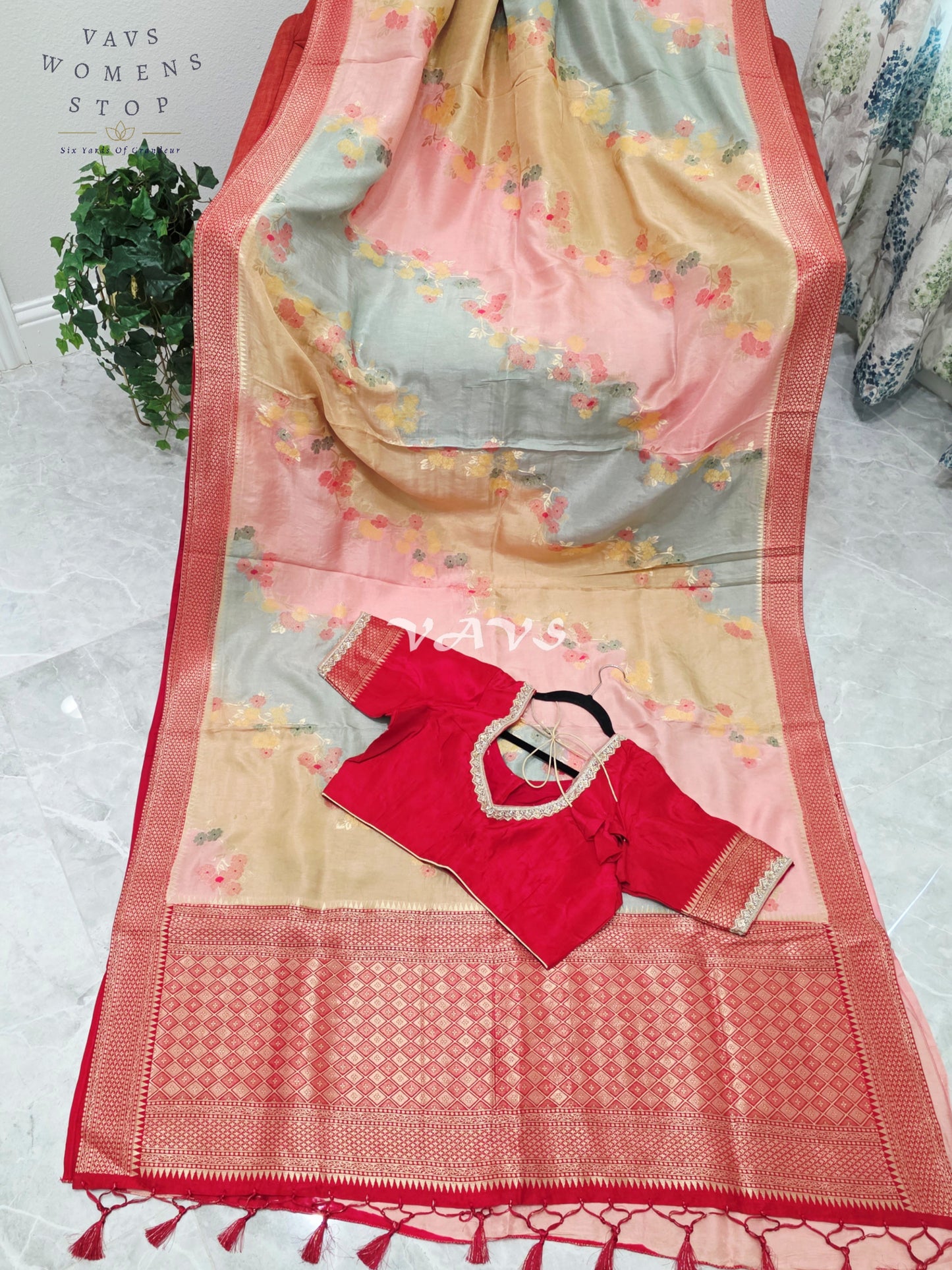 Royal Blush Pink & Mist Blue Pure Munga Crepe Tussar Silk Saree with Floral Weave & Designer Stitched Blouse Size 42-48